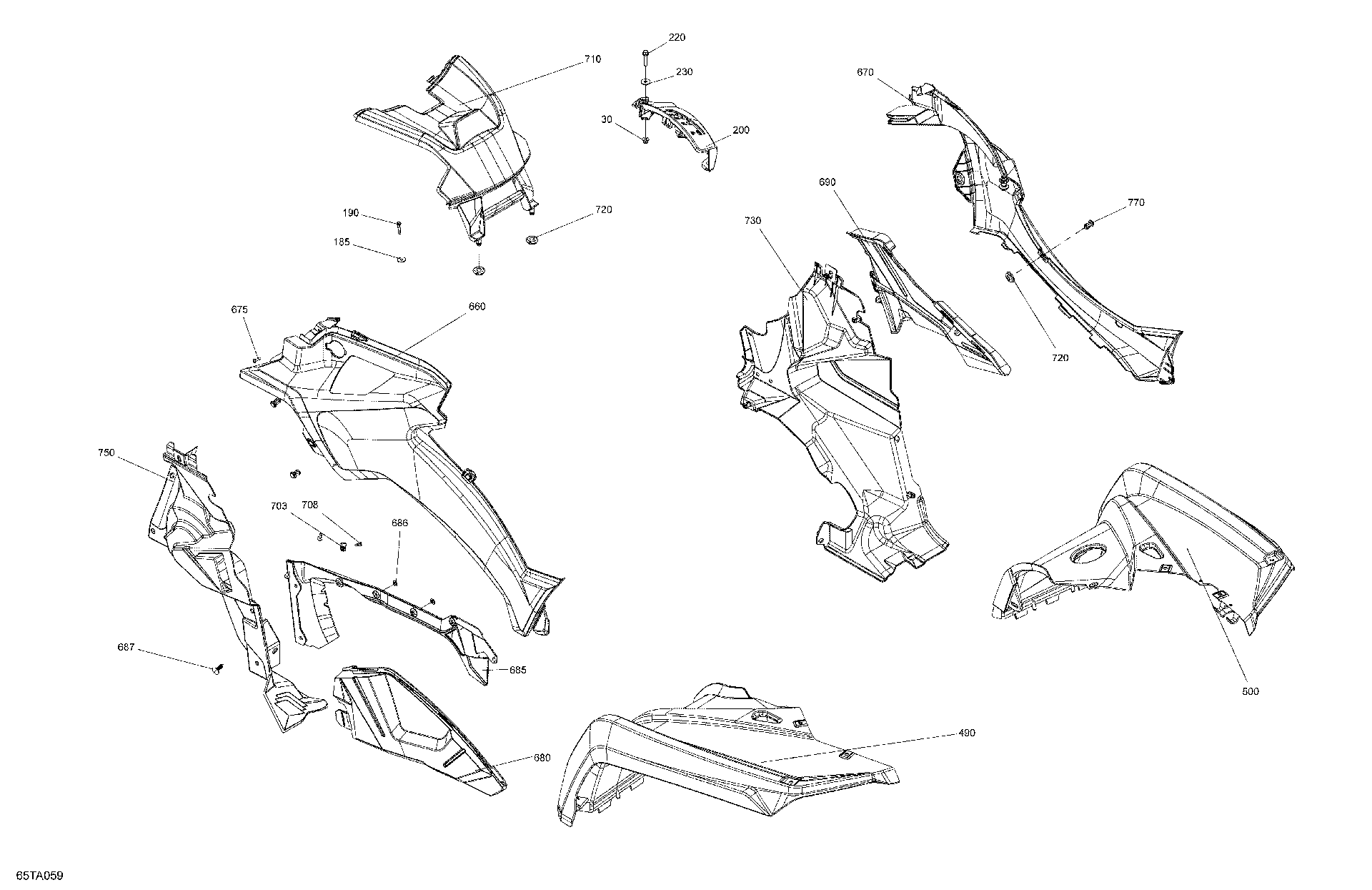 An Image of a Genuine Can-Am Parts Schematic Diagram showing the schematic - BODY - FENDER KIT