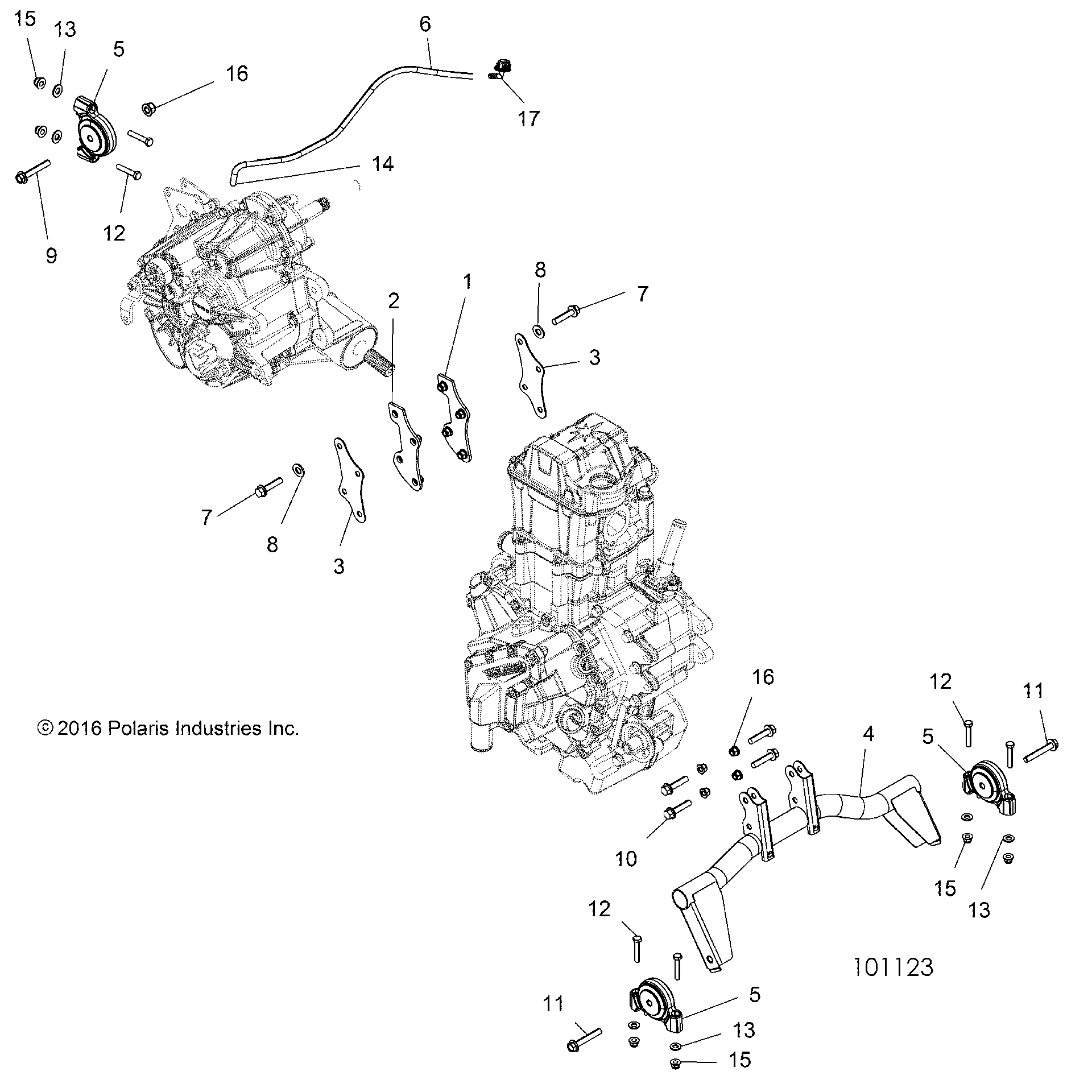 An Image of a Genuine Polaris Parts Schematic Diagram showing the schematic - ENGINE: TRANSMISSION MOUNTING & LONG BLOCK - 2017 POLARIS ACE 500 SOHC