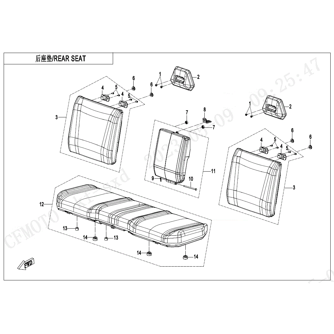 An Image of a Genuine CFMOTO Parts Schematic Diagram showing the schematic - REAR SEAT - 2025 CFMOTO UFORCE 1000 XL