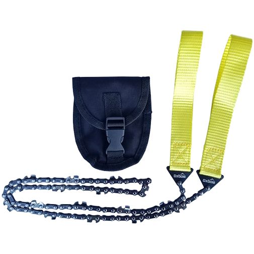 The Hand Chainsaw With Case by Oxbow Gear LLC features two yellow nylon straps on the handles and a black pouch, shown on a white background—a compact tool for camping or emergencies.