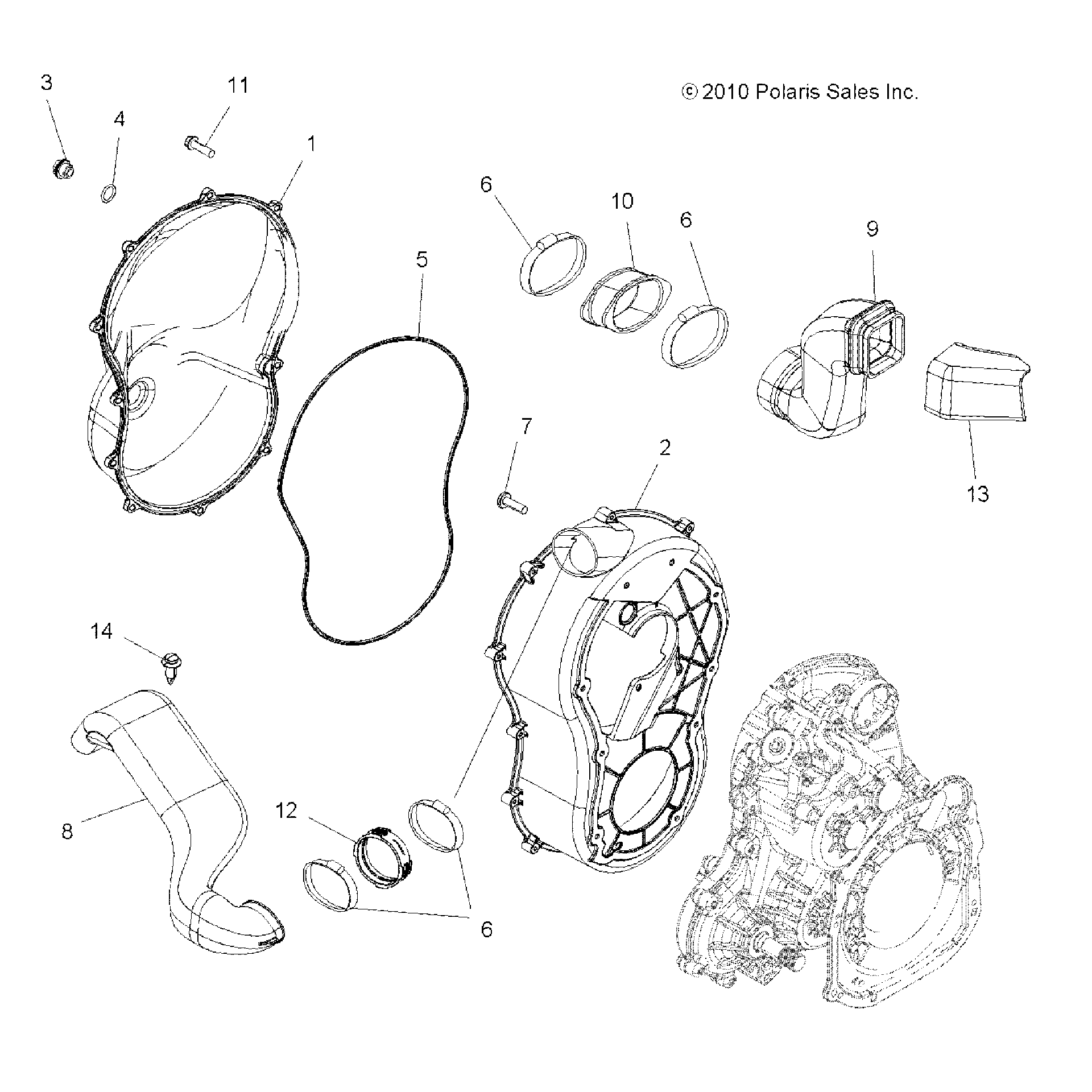 An Image of a Genuine Polaris Parts Schematic Diagram showing the schematic - BODY: CLUTCH COVER - 2016 POLARIS SCRAMBLER 850