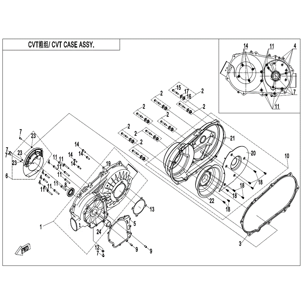 An Image of a genuine CFMOTO Parts Schematic Diagram showing the group - CVT CASE ASSY. - 2022 CFMOTO CFORCE 500 S