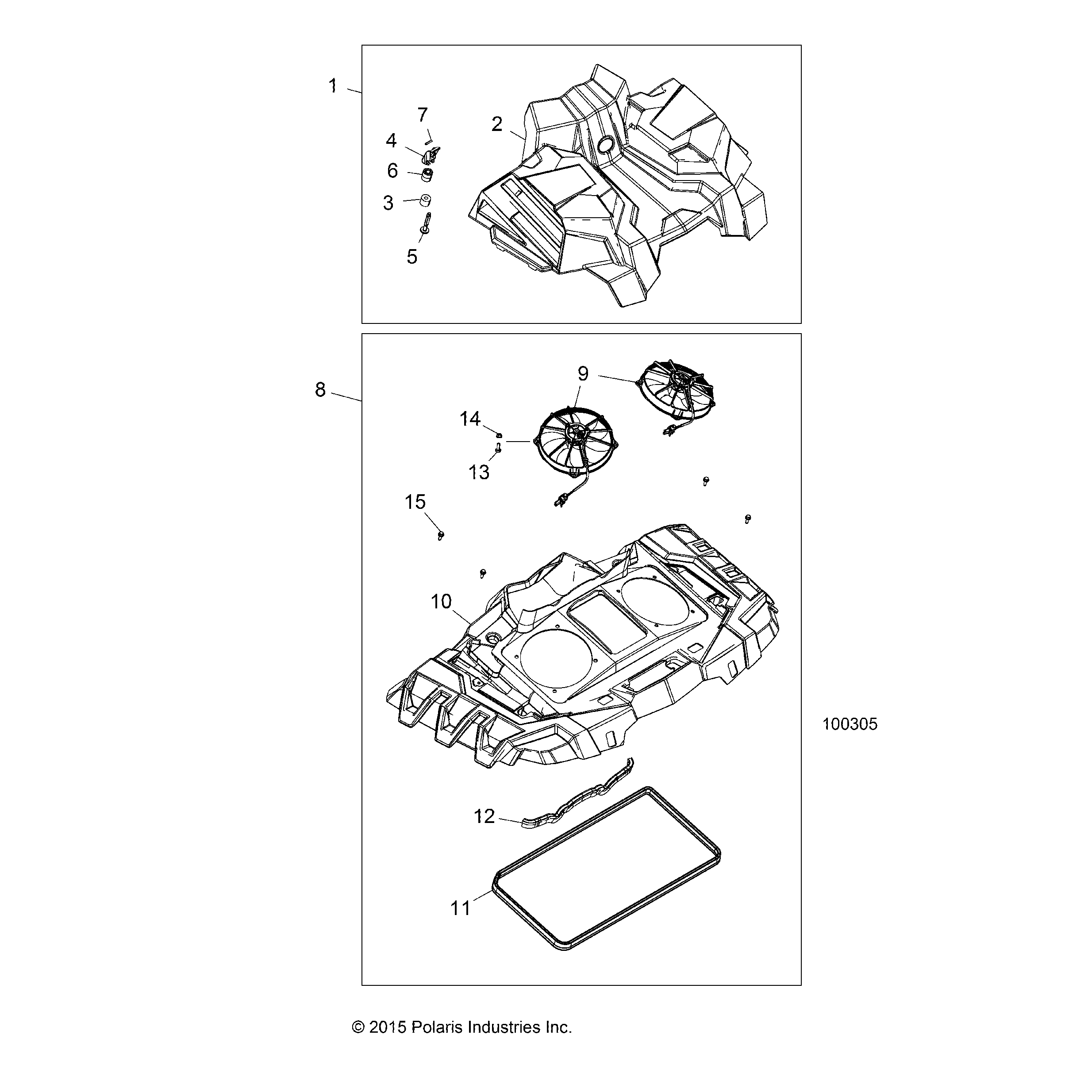 An Image of a Genuine Polaris Parts Schematic Diagram showing the schematic - ENGINE: COOLING SYSTEM FANS AND SHROUDS - 2016 POLARIS SPORTSMAN 850 HIGH LIFTER