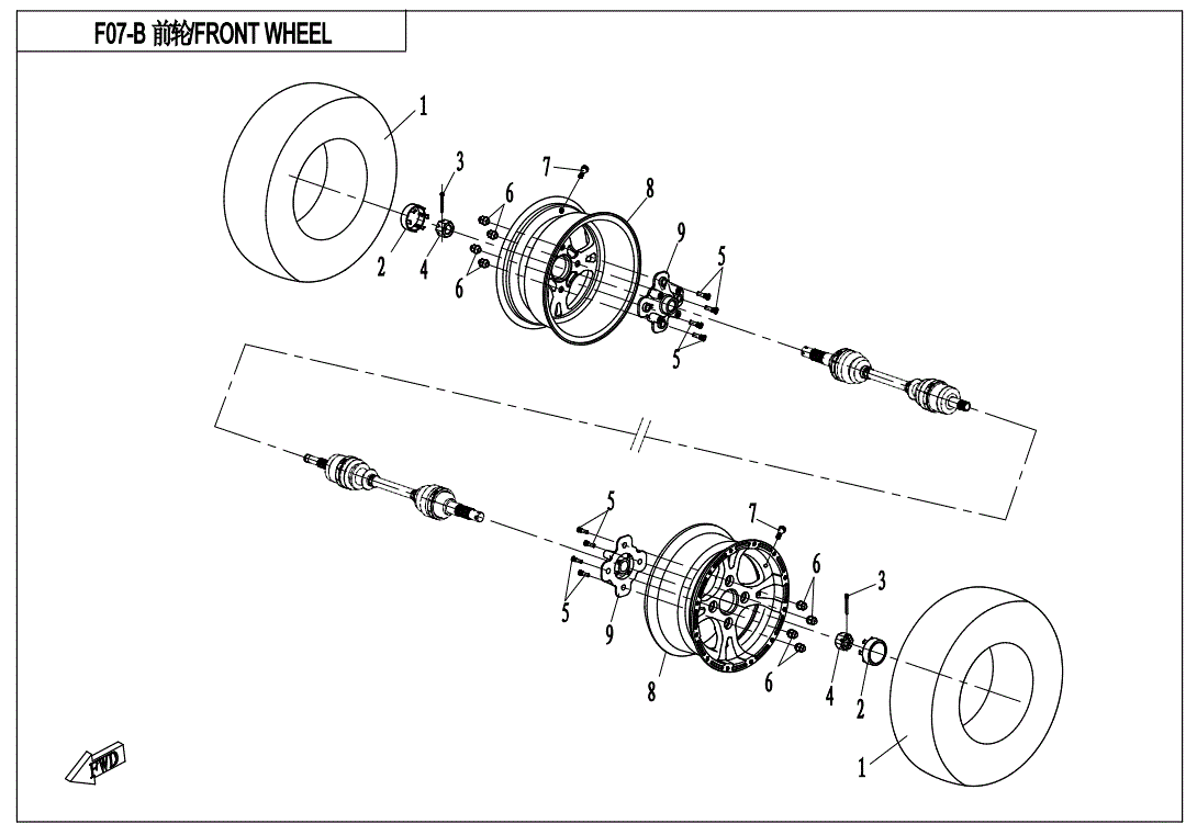 Detailed exploded diagram showing the assembly of front wheels, axles, and related parts for a CF Moto ATV. Each component is numbered to illustrate how the Wheel Hub (Replaces 9Gqv-070001-1400) by CF Moto fits with OEM parts.