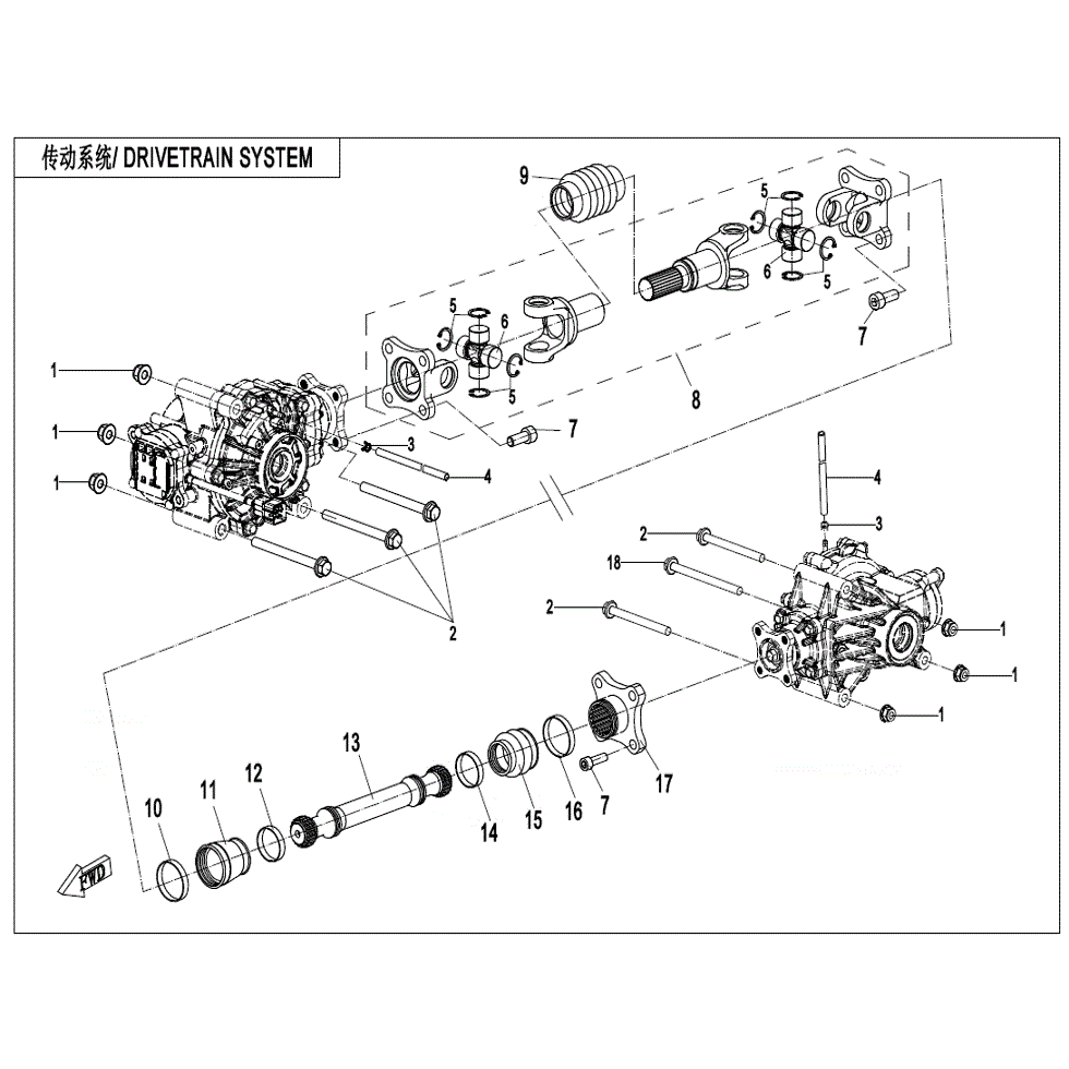 An Image of a genuine CFMOTO Parts Schematic Diagram showing the group - DRIVETRAIN SYSTEM - 2022 CFMOTO CFORCE 600