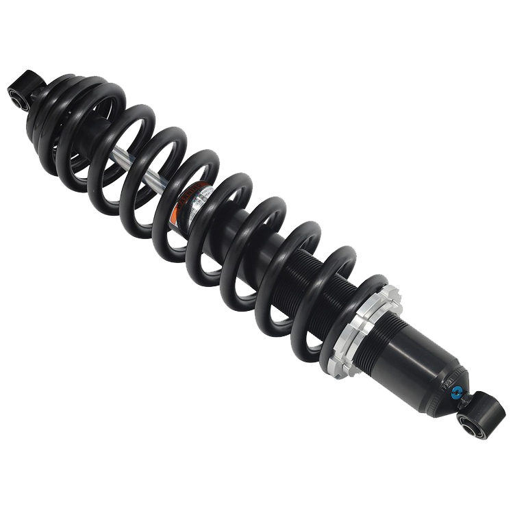 The Can-Am Defender UTV/ATV Rear Gas Shock by Bronco, featuring a black body, metal spring, and dual-end mounting points for suspension systems, is displayed against a white background.