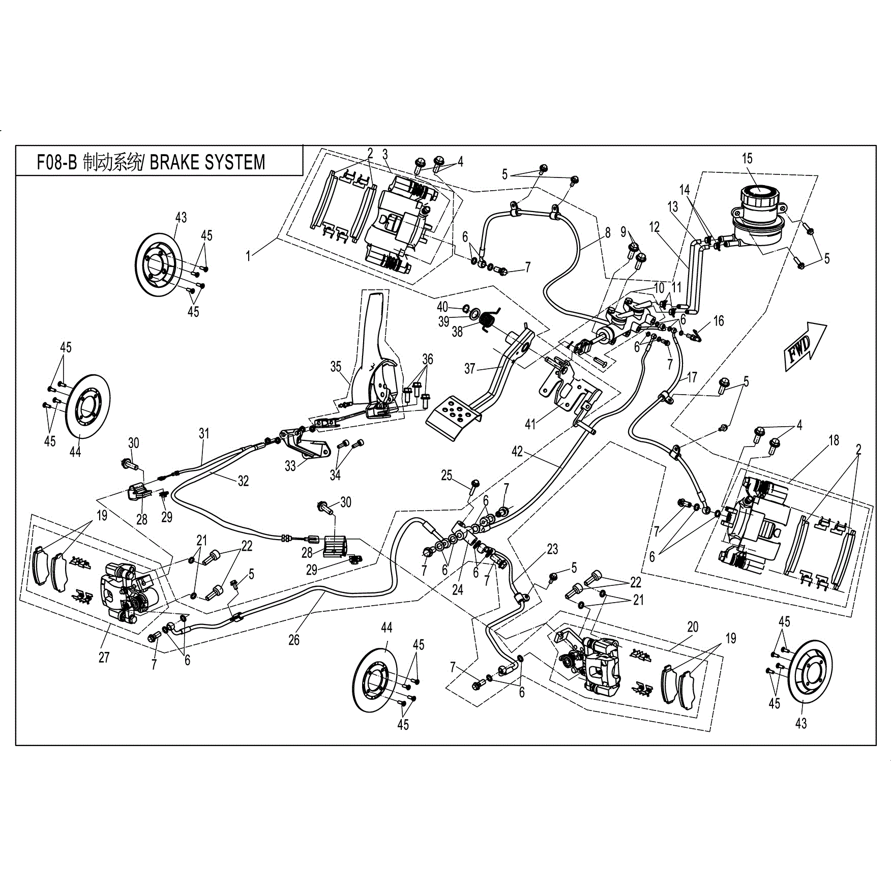 An Image of a Genuine CFMOTO Parts Schematic Diagram showing the schematic - BRAKE SYSTEM - 2018 CFMOTO UFORCE 500