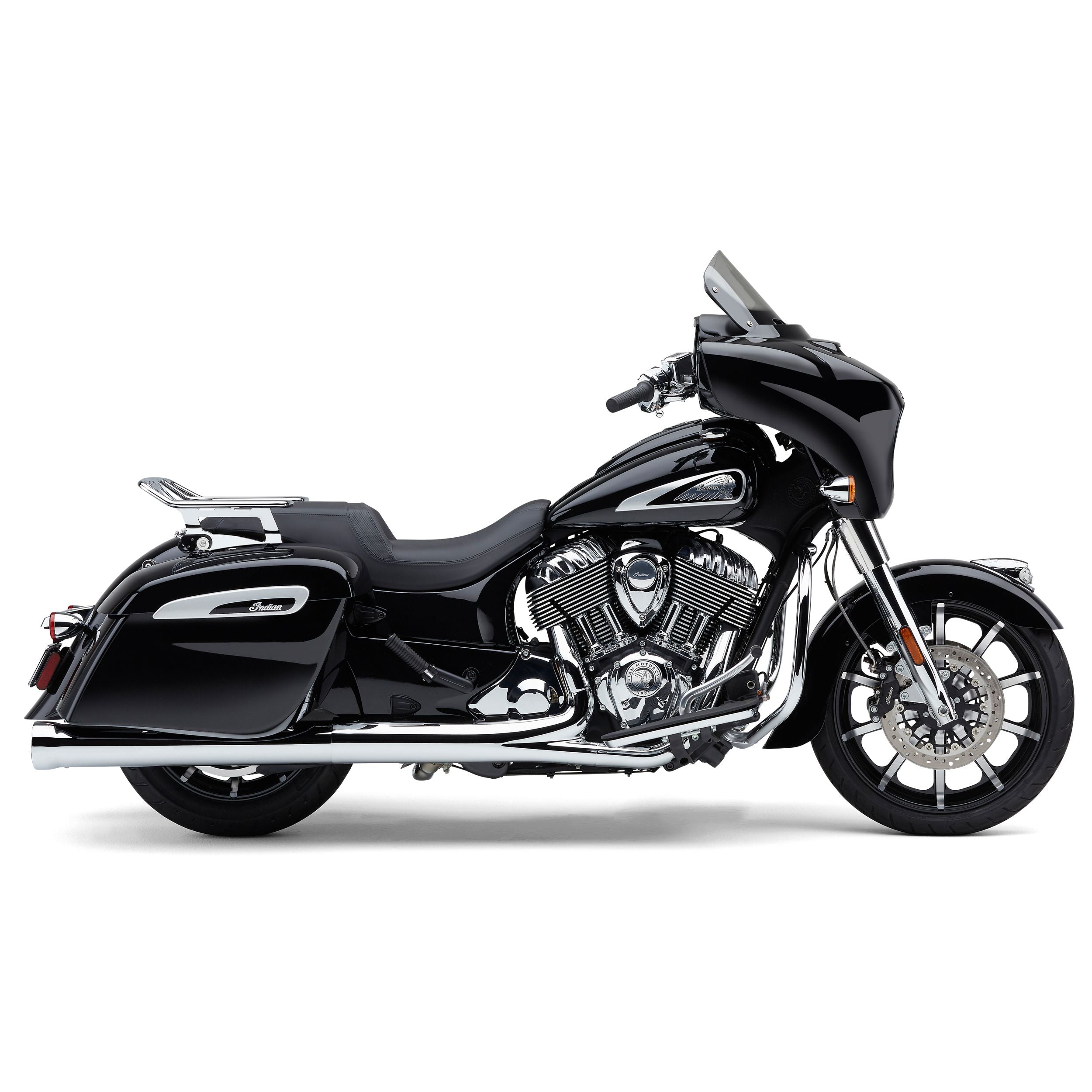 A black Indian Chieftain 14-24 touring motorcycle with chrome accents, saddlebags, large front fairing, and a windshield is shown in side profile on a white background, featuring the Cobra Detachable Big-Ass Wrap Around Luggage Rack in chrome.