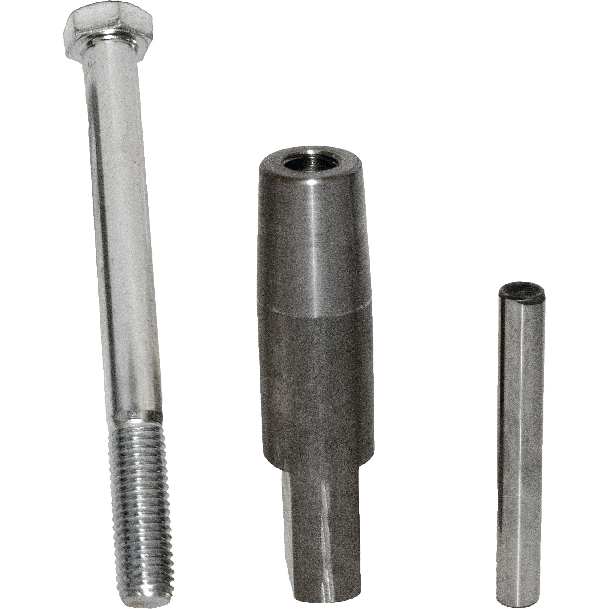 The Drive Clutch Taper Holder by SLP, featuring a hex bolt with end threading, a hollow conical cylindrical fitting for taper holds, and a short cylindrical pin, is shown standing vertically on a white background.