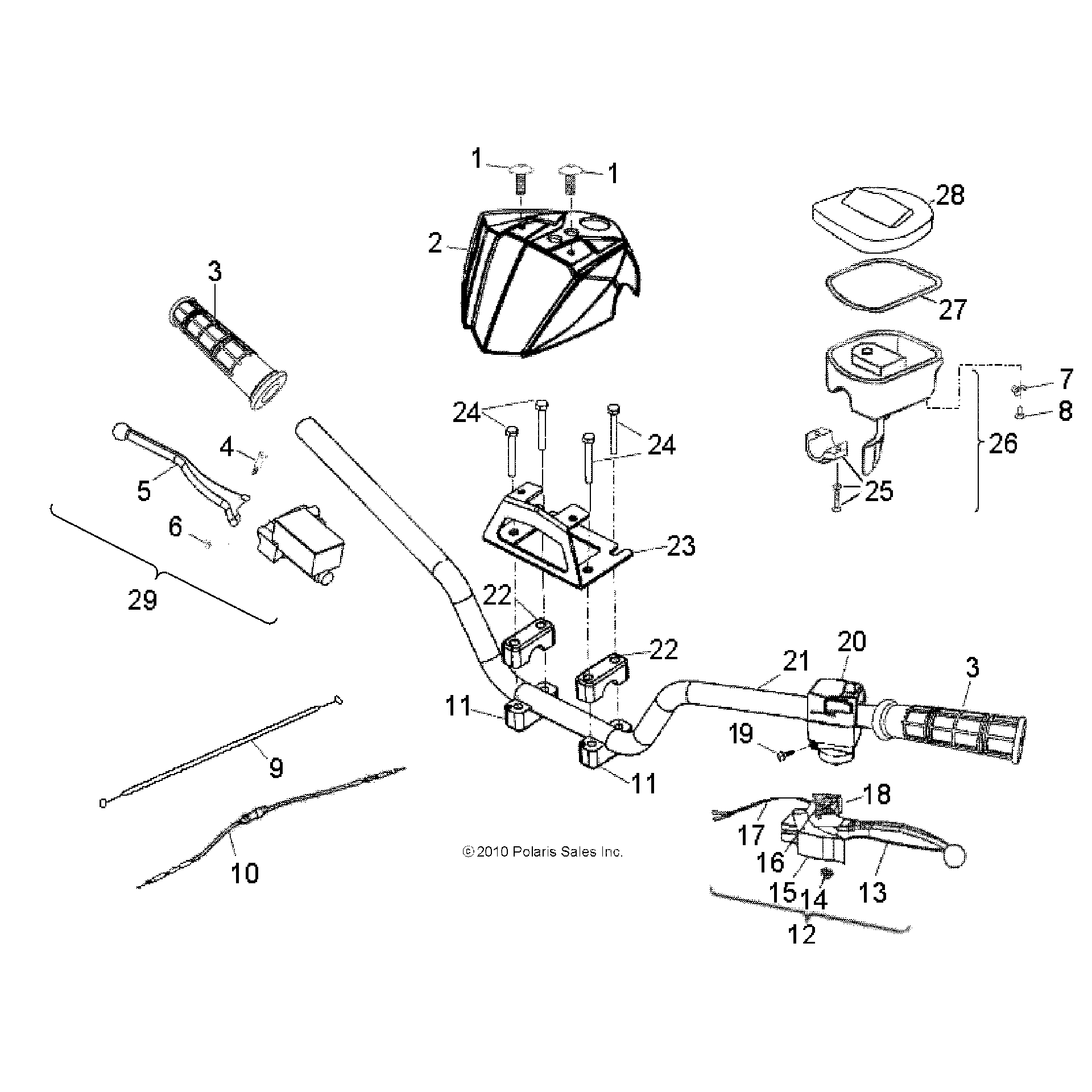 An Image of a Genuine Polaris Parts Schematic Diagram showing the schematic - STEERING: HANDLEBAR - 2026 POLARIS PHOENIX 200