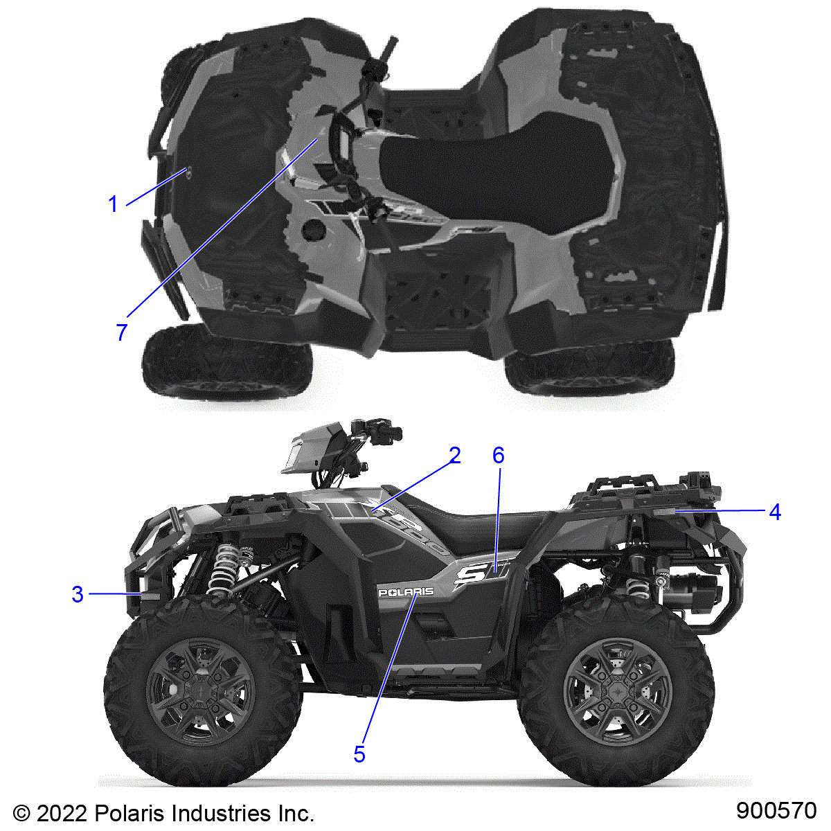 An Image of a Genuine Polaris Parts Schematic Diagram showing the schematic - BODY: DECALS GRAPHIC - 2023 POLARIS SPORTSMAN XP 1000 55" 49S