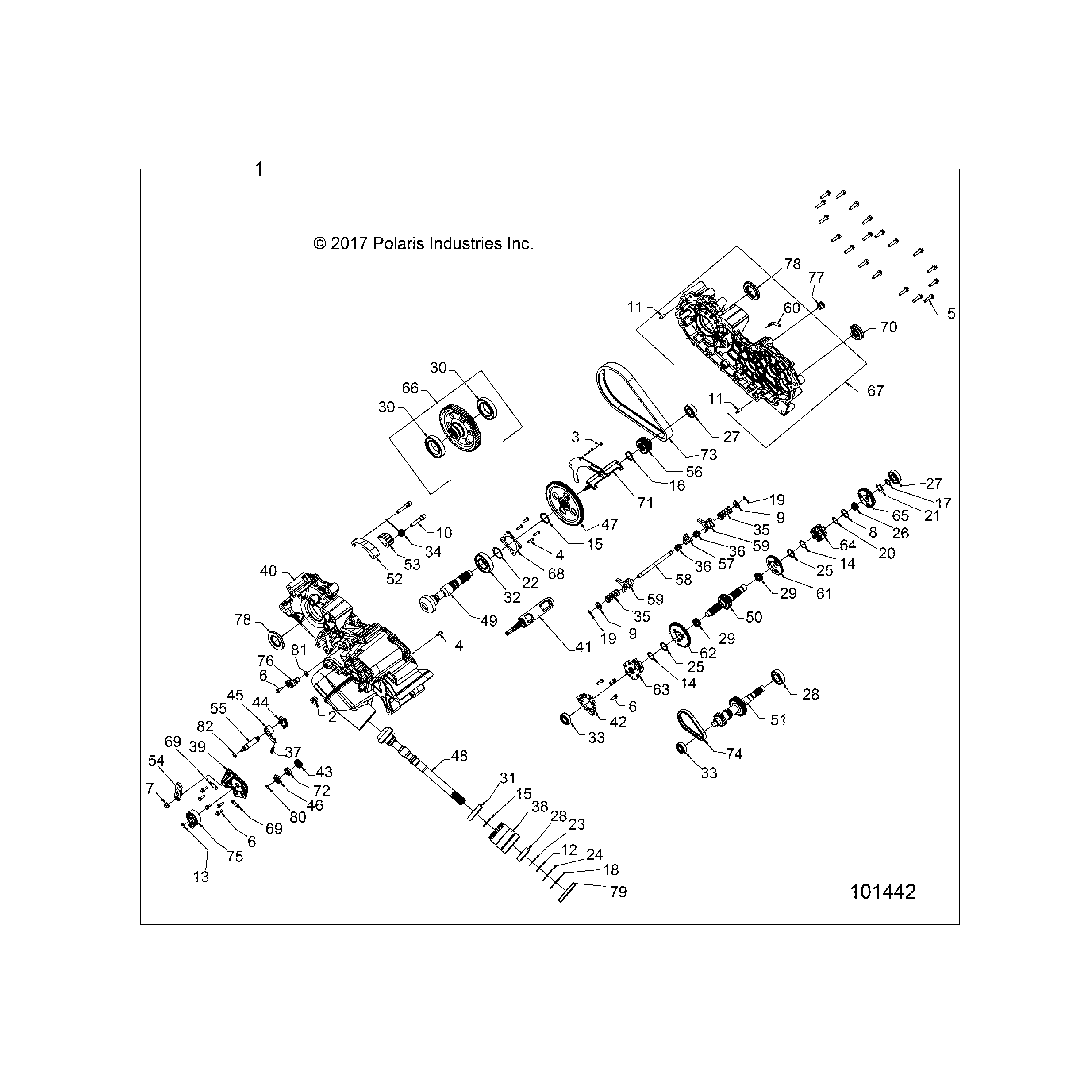 An Image of a Genuine Polaris Parts Schematic Diagram showing the schematic - DRIVE TRAIN: MAIN GEARCASE - 2019 POLARIS SPORTSMAN 570 EFI