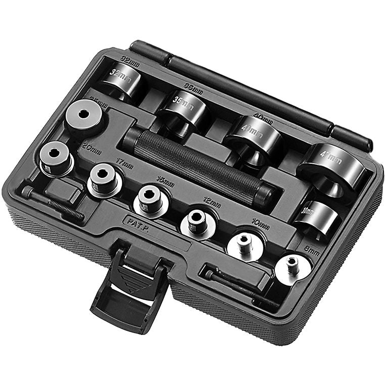 The Universal Bearing Driver Set by Helix features a black plastic case with individually slotted 8-30mm ID metal bearing drivers, each size-labeled and equipped with a sturdy handle for easy attachment and organization.