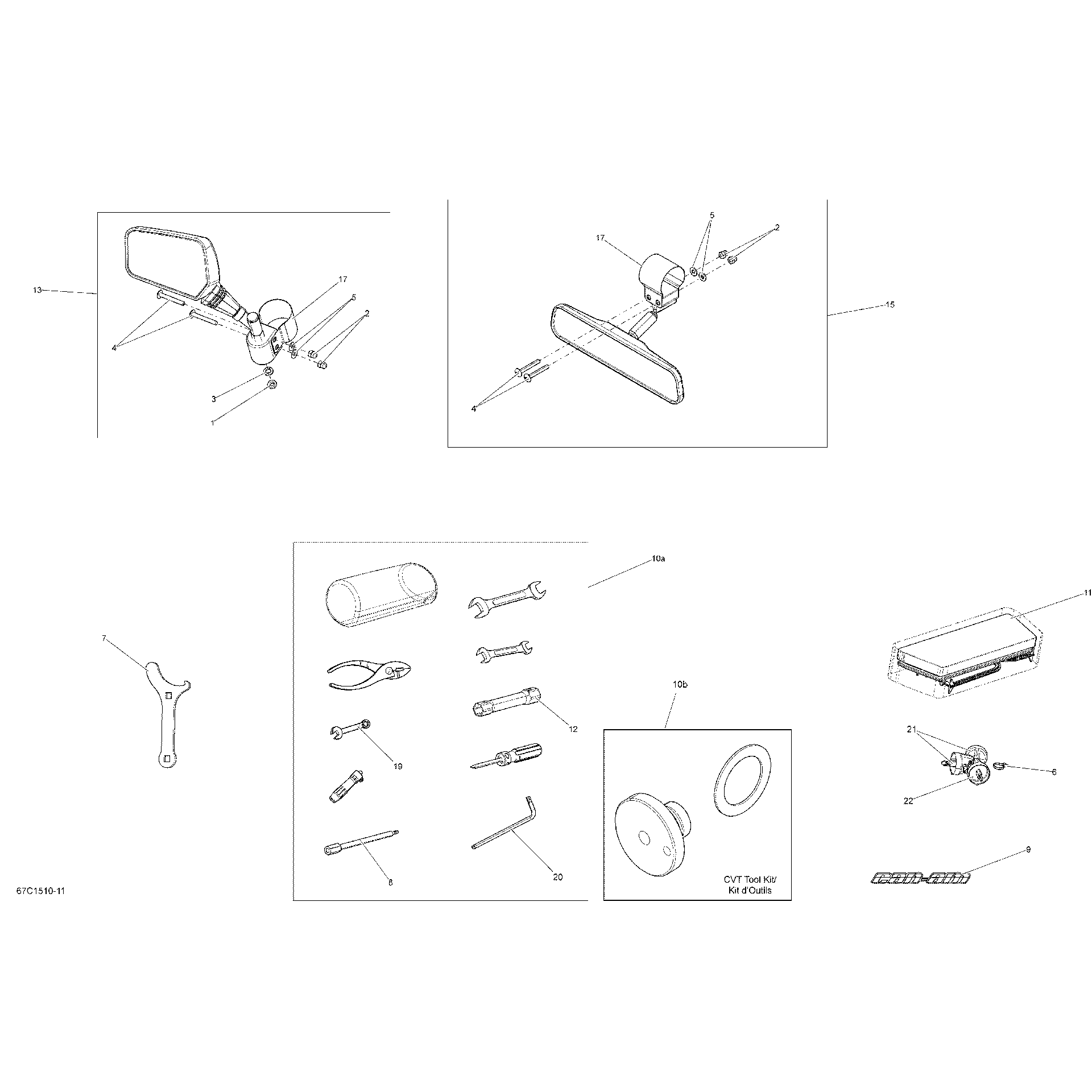 An Image of a Genuine Can-Am Parts Schematic Diagram showing the schematic - MIRRORS AND TOOLS _67C1511