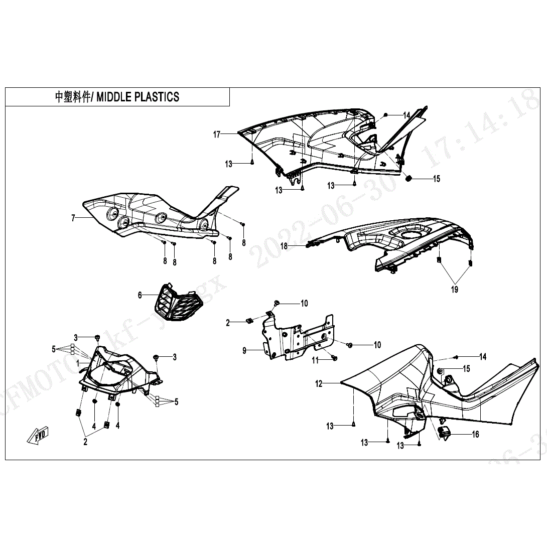 An Image of a genuine CFMOTO Parts Schematic Diagram showing the group - MIDDLE PLASTICS(2) - 2023 CFMOTO CFORCE 500