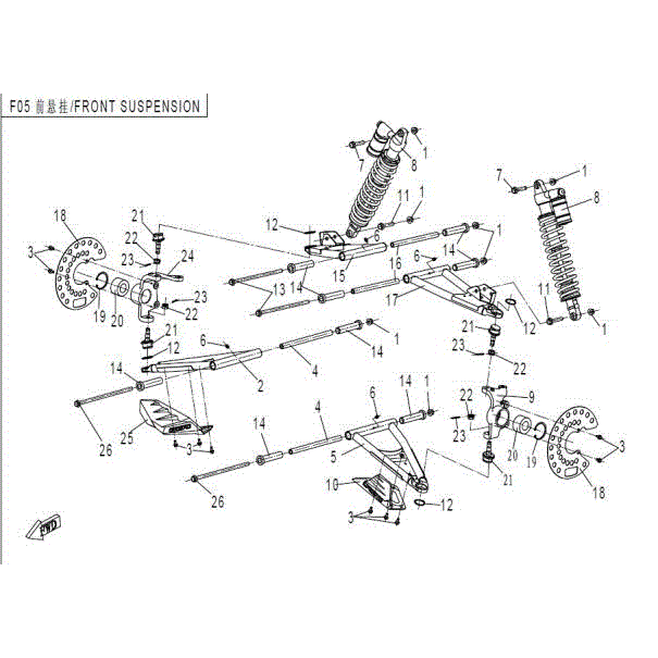 An Image of a Genuine CFMOTO Parts Schematic Diagram showing the schematic - FRONT SUSPENSION - 2015 CFMOTO ZFORCE 800 Trail