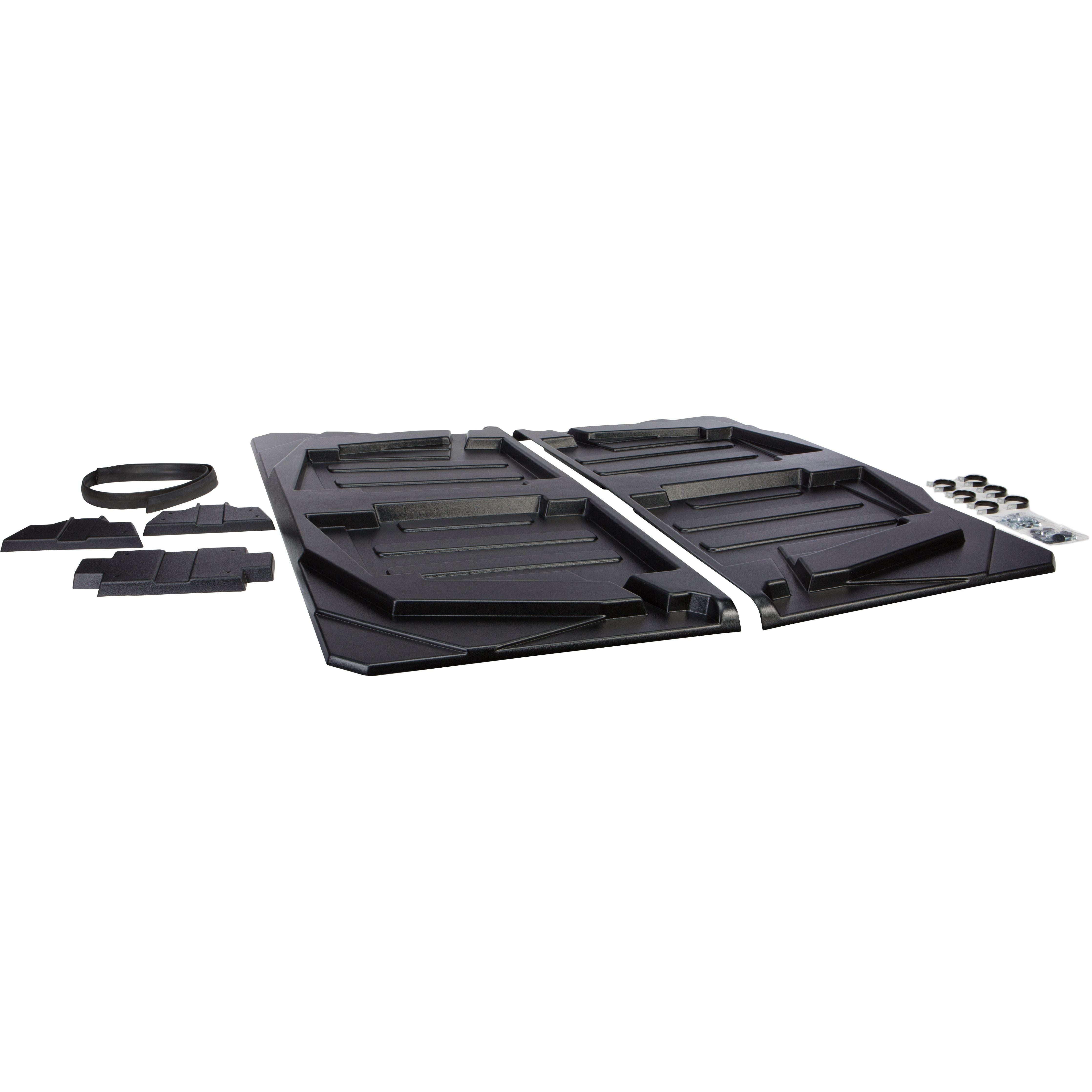 The Polaris Ranger Crew & Kawasaki Mule 4010 UTV Molded Roof by Open Trail includes black UV-resistant molded panels, foam inserts, mounting hardware, galvanized steel clamps, and other components for easy installation.