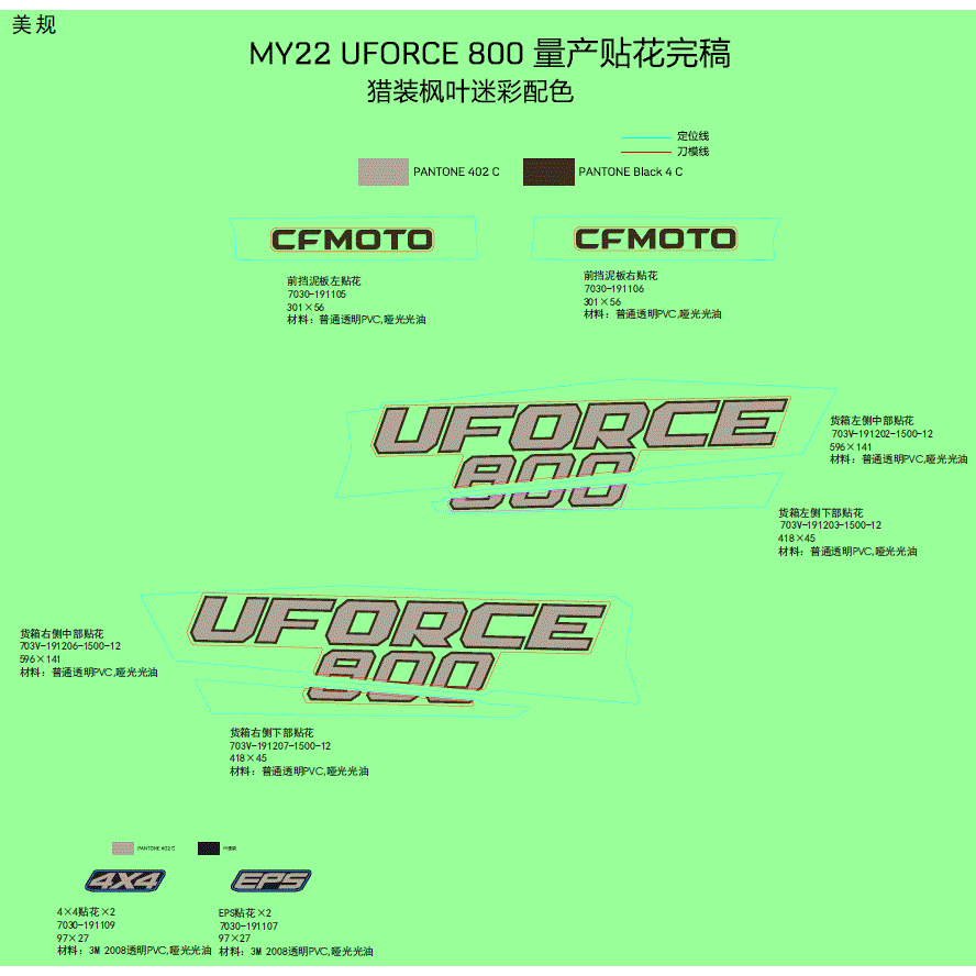 An Image of a Genuine CFMOTO Parts Schematic Diagram showing the schematic - DECAL KIT (TRUE TIMBER CAMO) - 2022 CFMOTO UFORCE 800