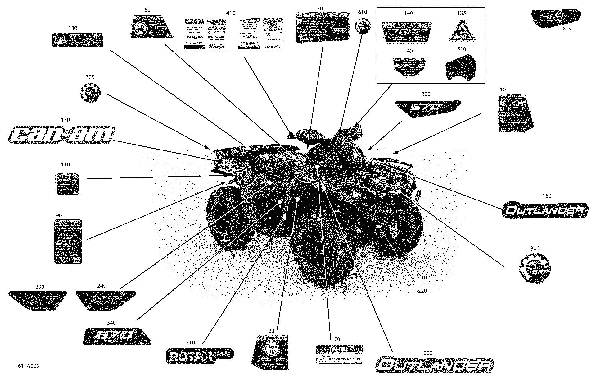 An Image of a Genuine Can-Am Parts Schematic Diagram showing the schematic - BODY - DECALS - XT