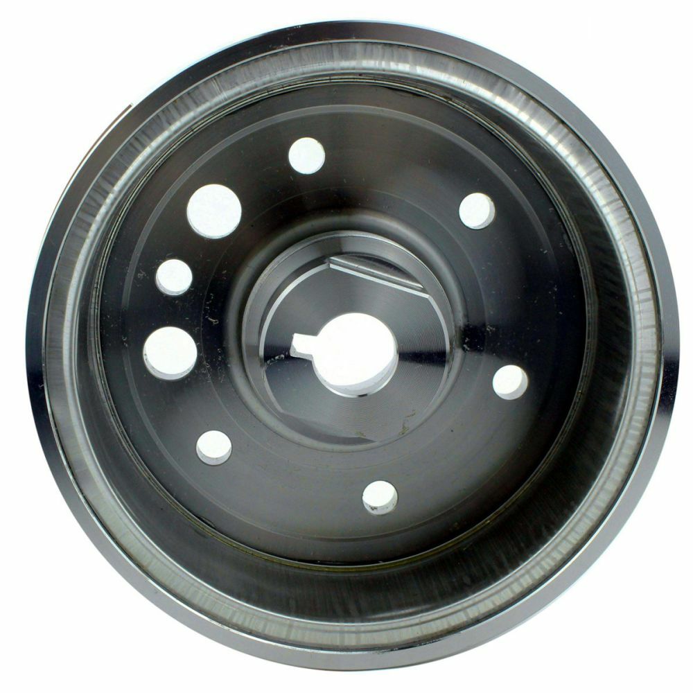 Black circular metal flywheel with multiple round holes and a central mounting hole.