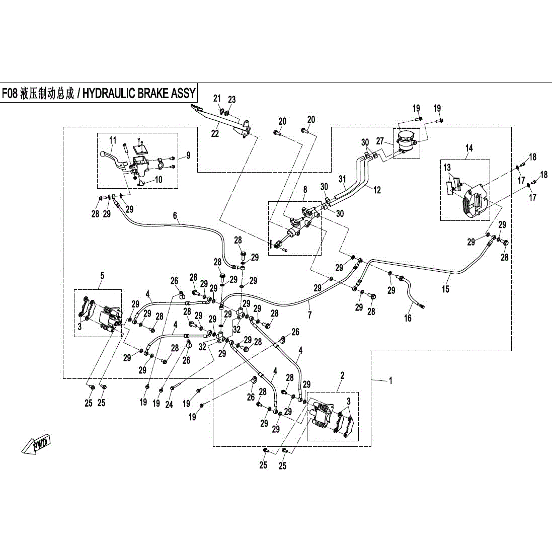 An Image of a genuine CFMOTO Parts Schematic Diagram showing the group - HYDRAULIC BRAKE ASSY - 2017 CFMOTO CFORCE 800