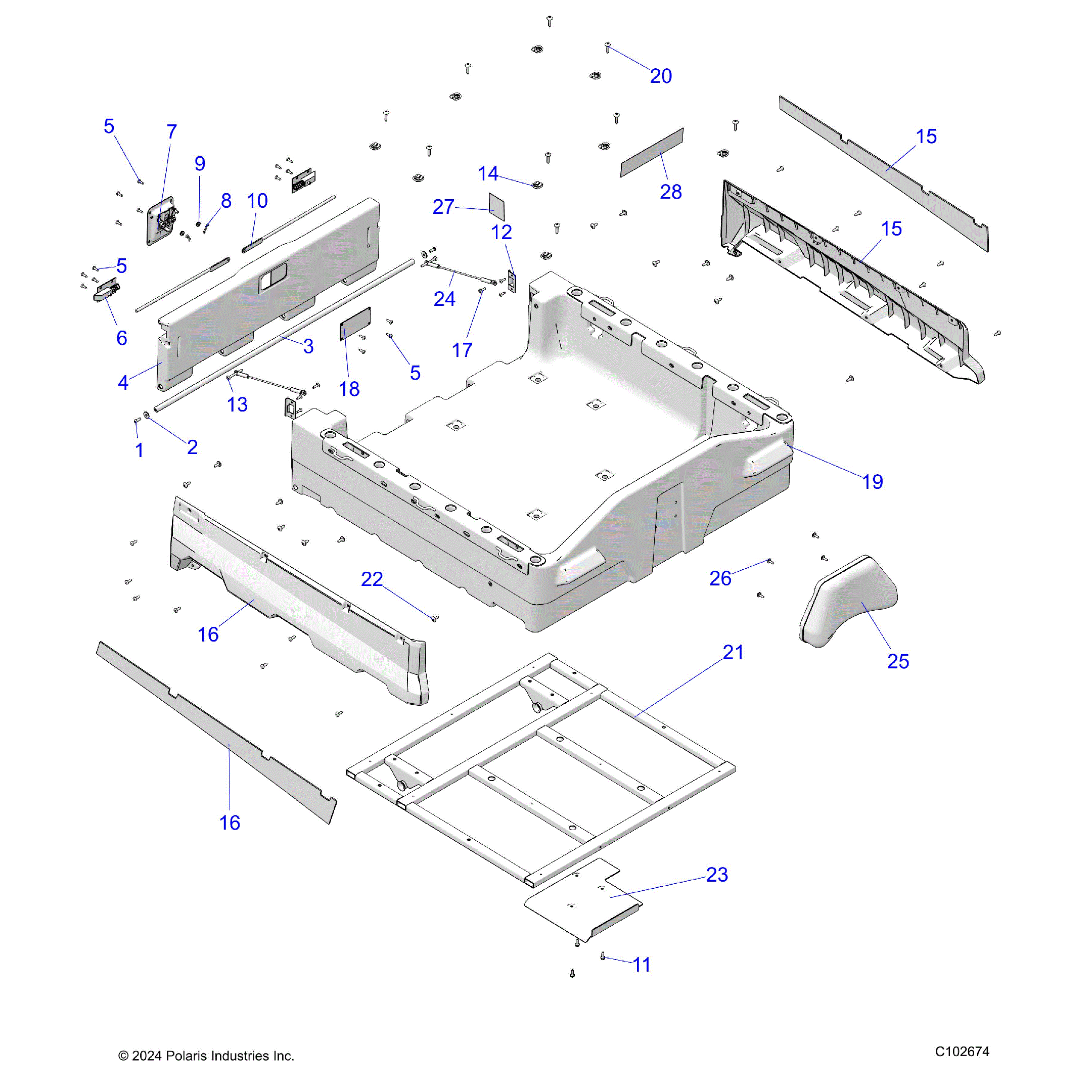 An Image of a Genuine Polaris Parts Schematic Diagram showing the schematic - BODY: DUMP BOX - 2025 POLARIS SPORTSMAN 570 6X6 EPS 49S