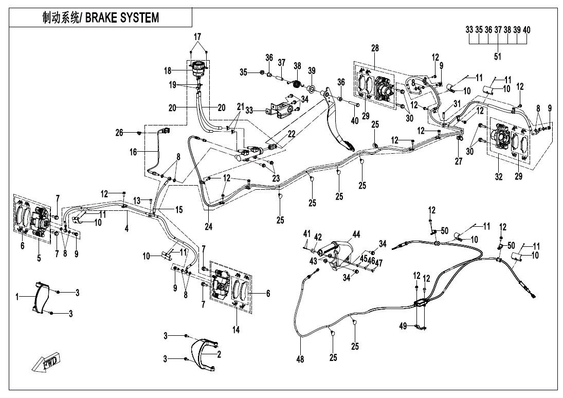 Technical diagram of a vehicle brake system with labeled parts in English and Japanese. Perfect for ATV off road repairs using the Wire Box Bracket by CF Moto, available at Witchdoctors.com.