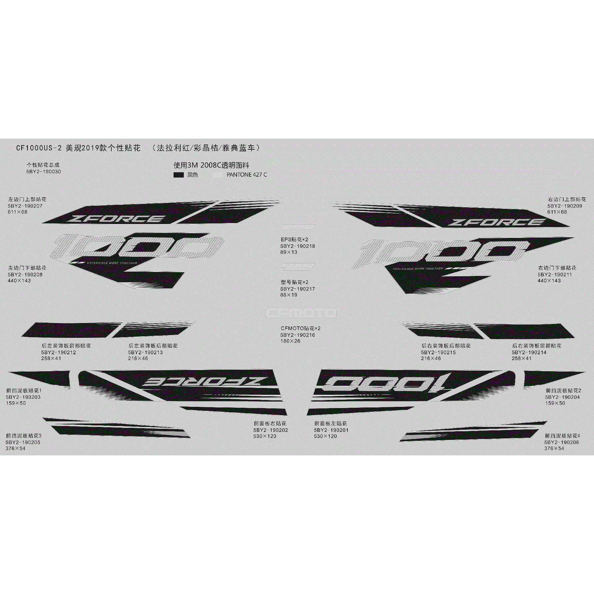 An Image of a Genuine CFMOTO Parts Schematic Diagram showing the schematic - DECAL - 2019 CFMOTO ZFORCE 1000