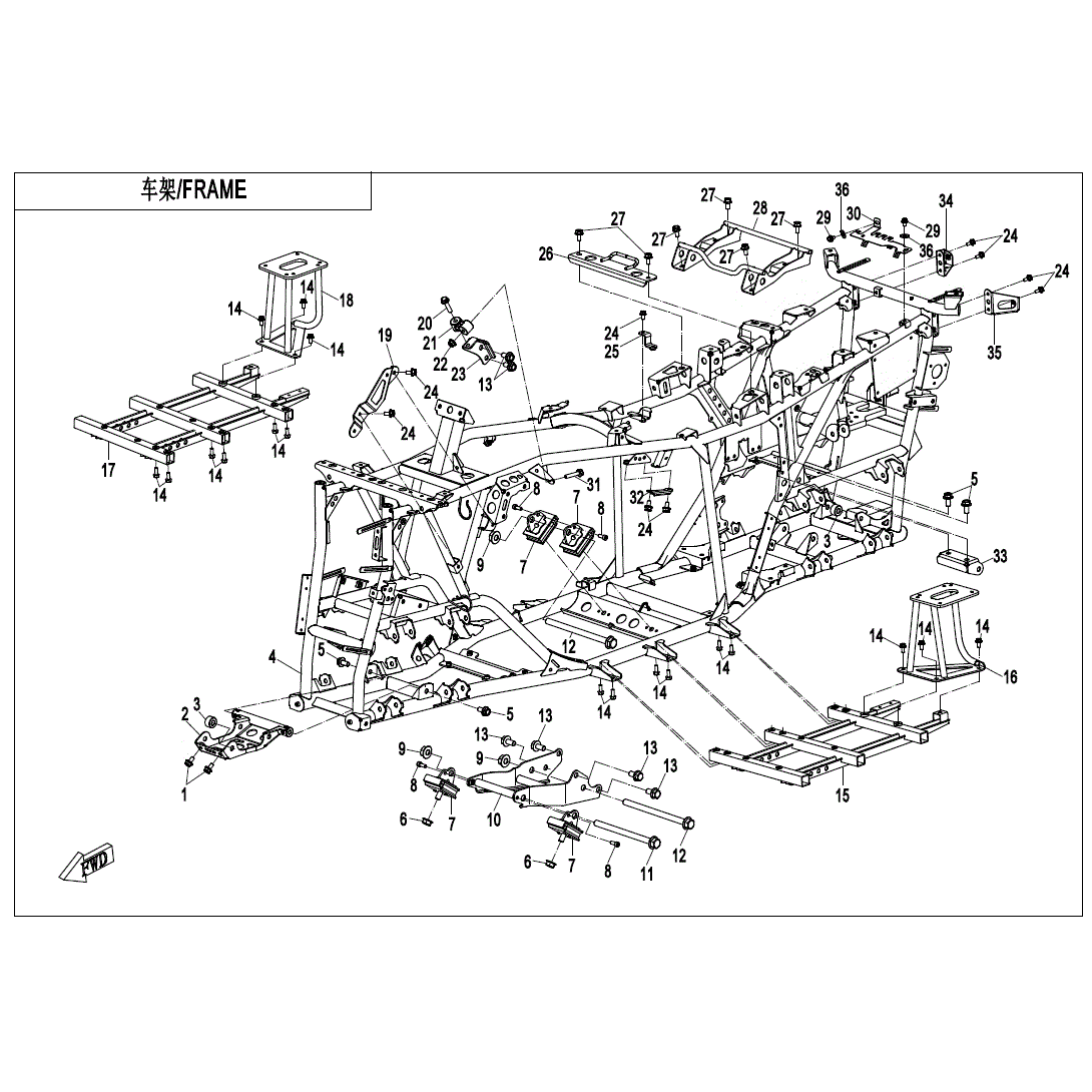 An Image of a genuine CFMOTO Parts Schematic Diagram showing the group - FRAME - 2021 CFMOTO CFORCE 600 Touring