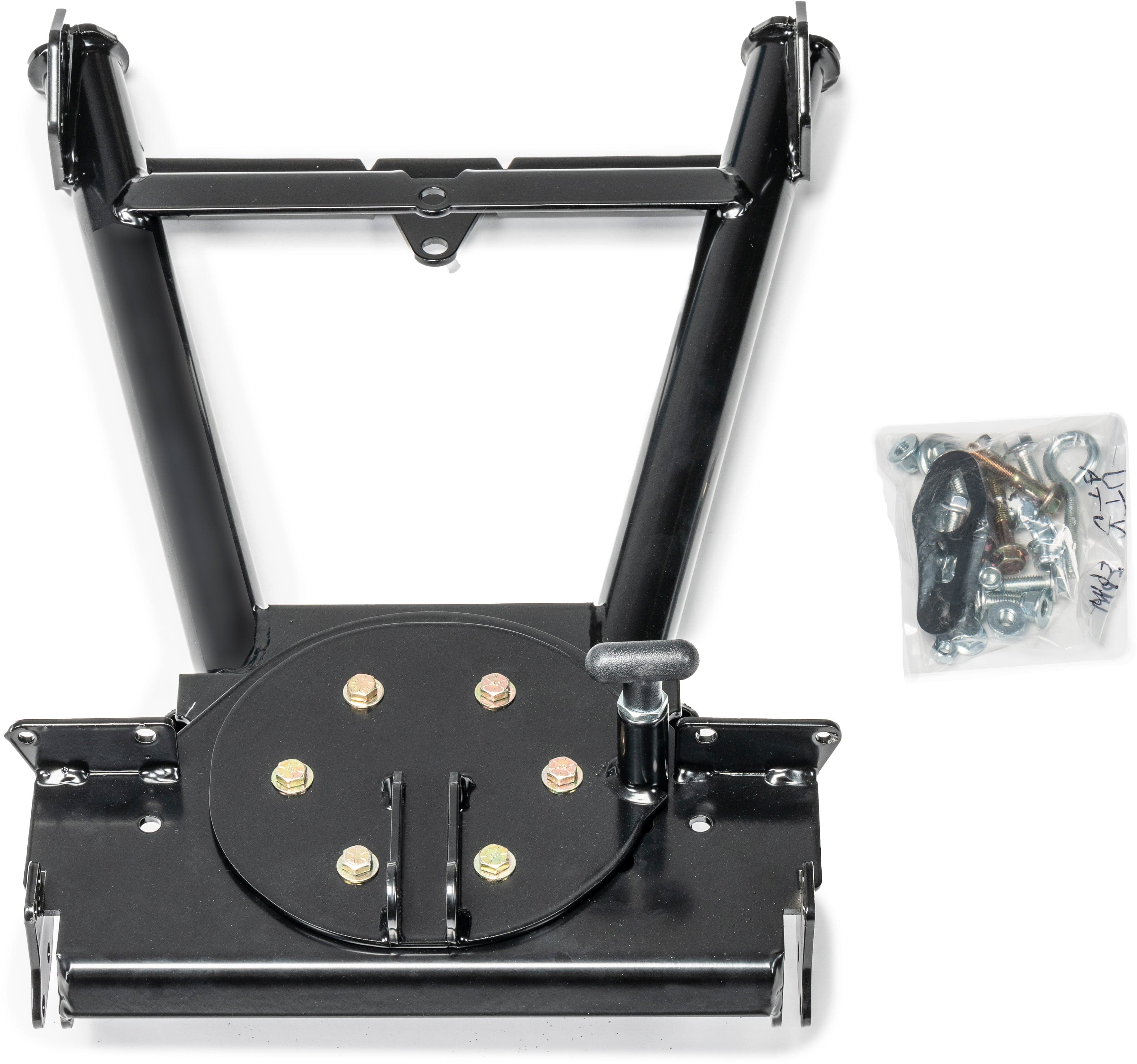 The Provantage II ATV Front Mount Push Tube by Warn includes a black metal bracket with circular center plate, bolts, and a bag of small hardware parts—perfect for powersports plow installations—shown on a white background.