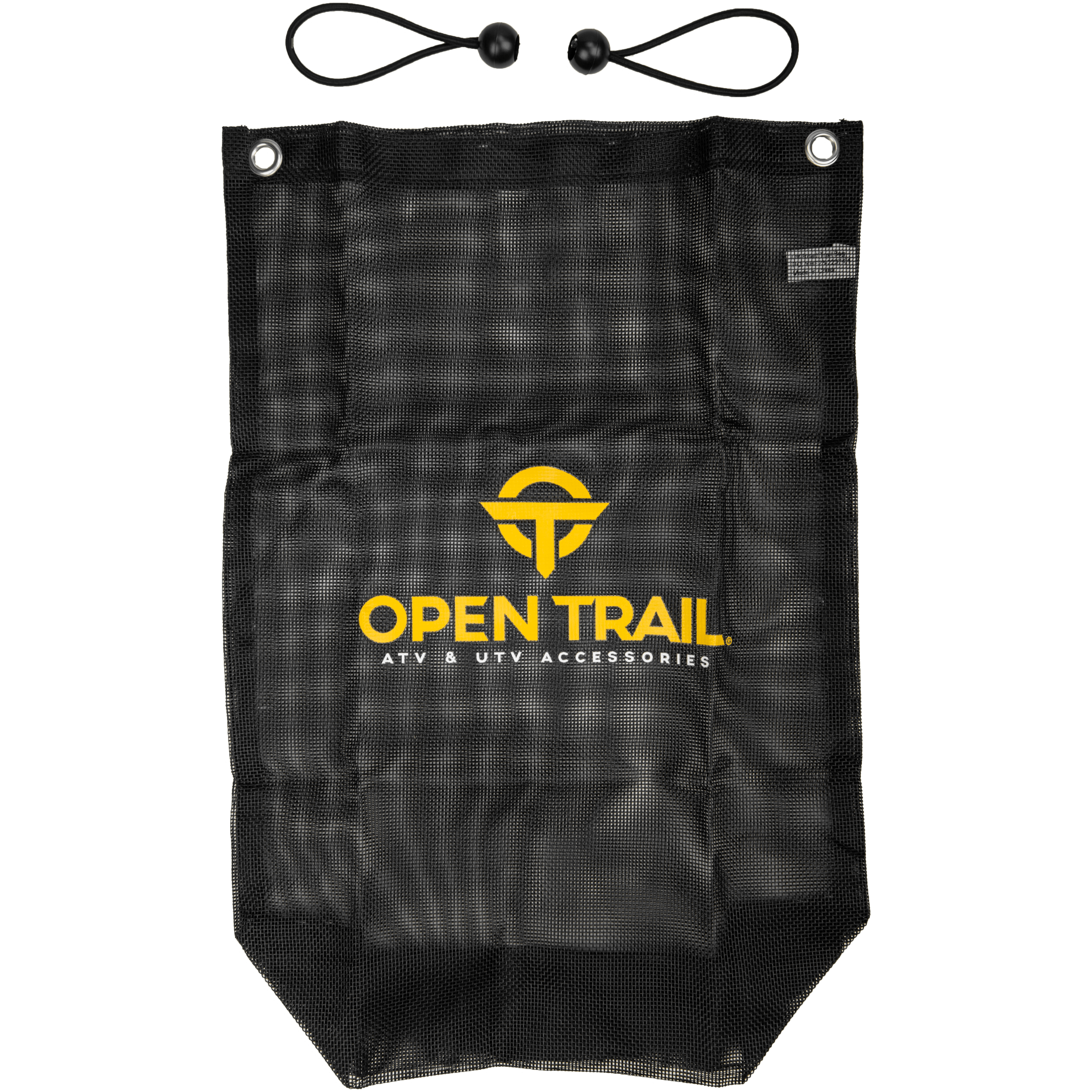 The Trail Bag by Open Trail is a black UTV mesh bag with breathable material, metal grommets at the top corners, a drawstring closure, and Open Trail ATV & UTV Accessories printed in yellow on the front.
