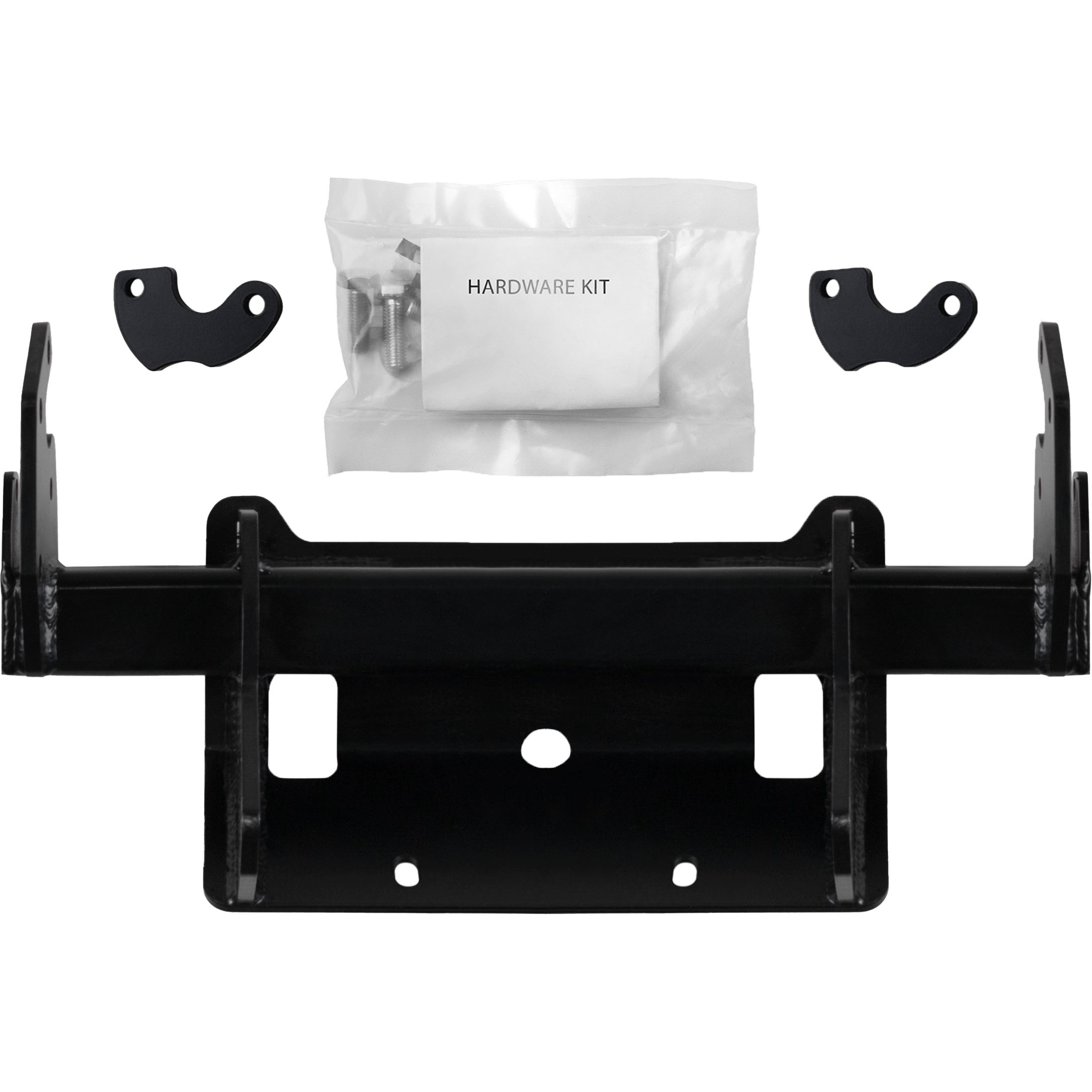 The UTV Plow Mount by Open Trail includes a black metal bracket, two small L-shaped plates, screws, and a labeled hardware kit for Glacier plow adapters—all neatly arranged on a white background.