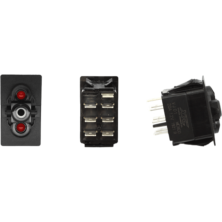 Three views of the Dash Switch Body Dual Acc Red/Red by XTC Power, a black rectangular electrical switch with two red buttons, white socket, metal connectors, and side labeling—perfect for UTV wiring in need of reliable Contura switches.