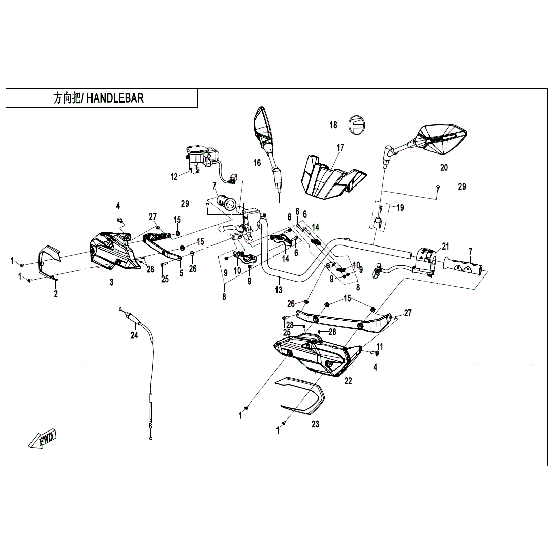 An Image of a genuine CFMOTO Parts Schematic Diagram showing the group - HANDLEBAR - 2020 CFMOTO CFORCE 600