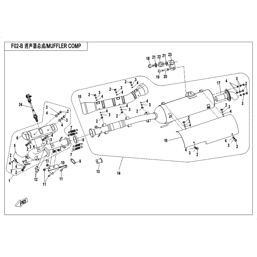 An Image of a genuine CFMOTO Parts Schematic Diagram showing the group - MUFFLER (USA) - 2019 CFMOTO CFORCE 500 S