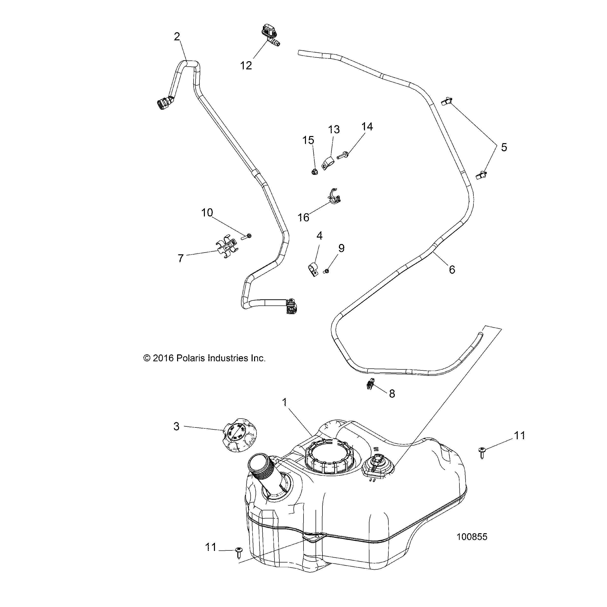 An Image of a Genuine Polaris Parts Schematic Diagram showing the schematic - BODY: FUEL TANK - 2017 POLARIS ACE 500 SOHC