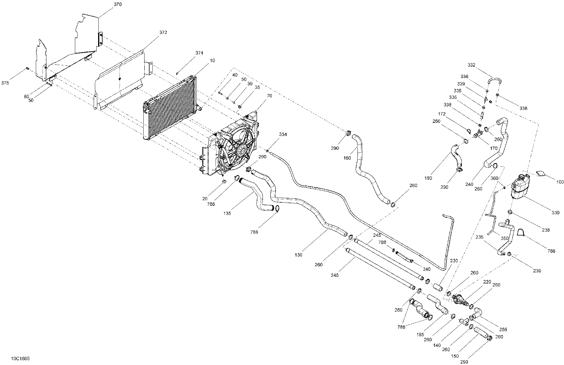 An Image of a Genuine Can-Am Parts Schematic Diagram showing the schematic - COOLING TRAXTER HD8 HD10 - ALL MODELS EXCEPT PACKAGE CAB