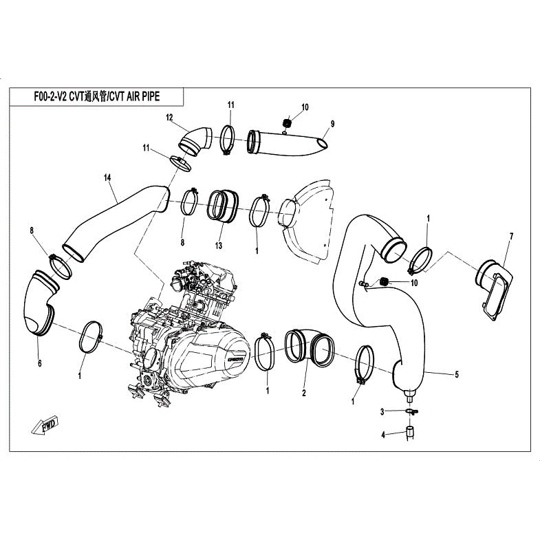 An Image of a Genuine CFMOTO Parts Schematic Diagram showing the schematic - CVT AIR PIPE&SIDE COVER (2018) - 2018 CFMOTO ZFORCE 500