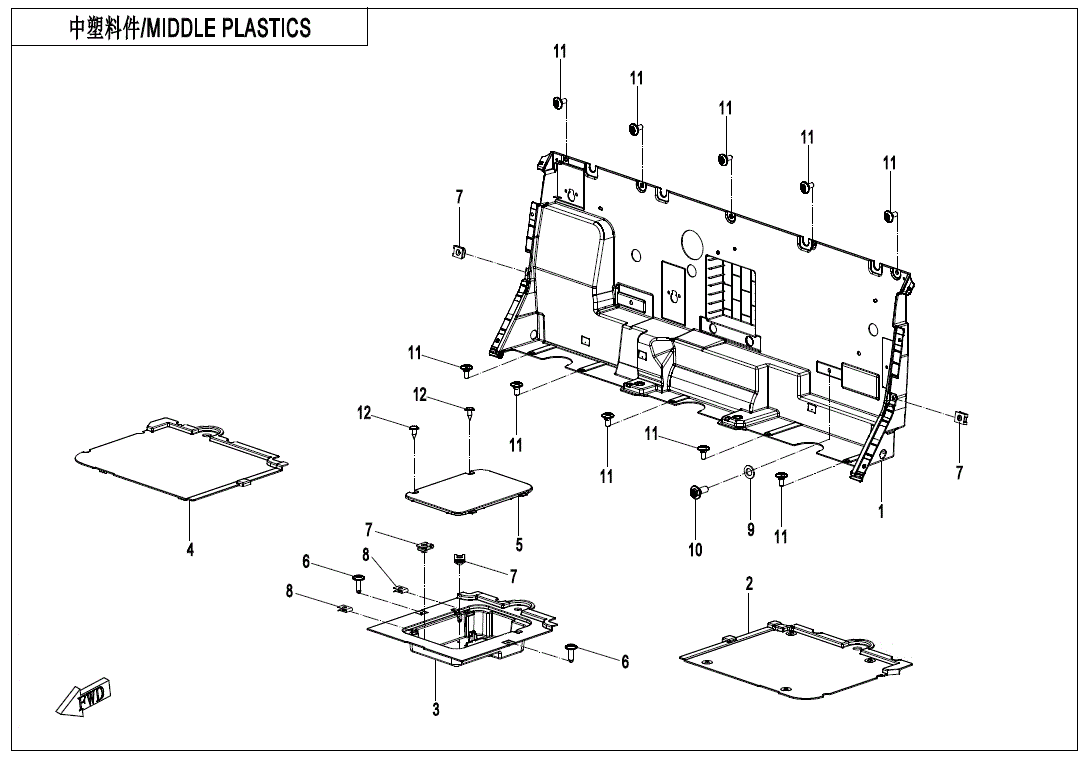 Exploded technical diagram labeled MIDDLE PLASTICS, showing numbered parts and fasteners—ideal for identifying CF Moto products like the Washer by CF Moto or matching UTV & ATV parts from Witchdoctors.com. Most washers are labeled 11; larger panels are marked separately.