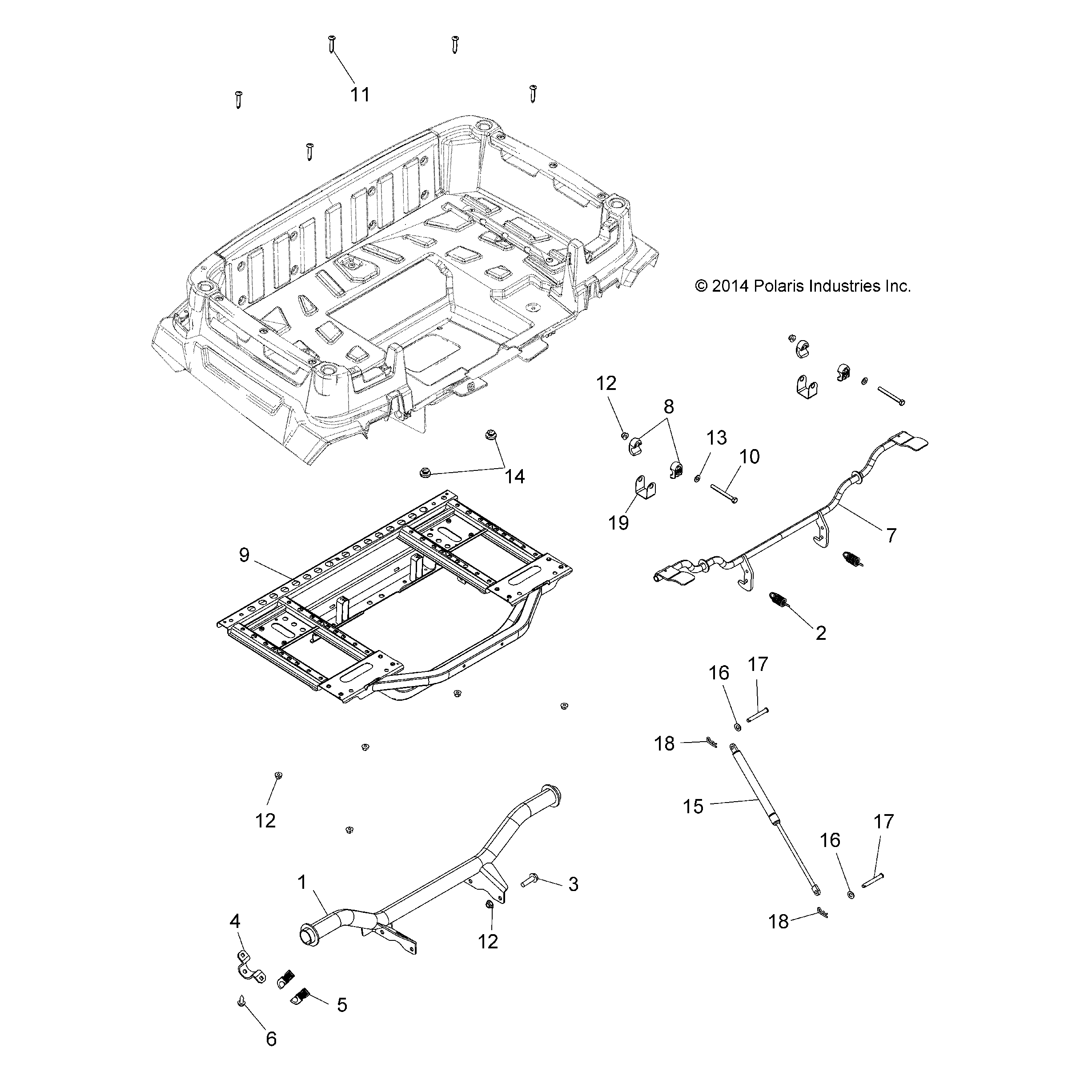 An Image of a Genuine Polaris Parts Schematic Diagram showing the schematic - BODY: REAR BOX FRAME AND PIVOT - 2018 POLARIS SPORTSMAN 570 EFI UTE