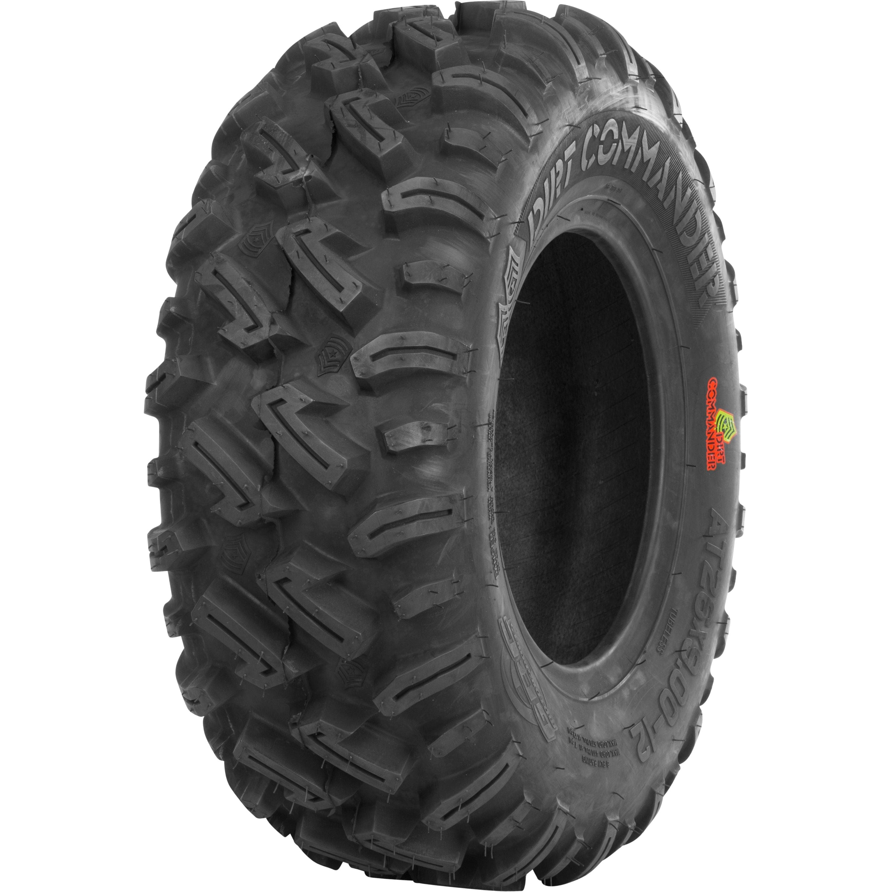 The GBC Dirt Commander Front or Rear 28X10-12 Bias Tire (Lr855Lbs) features deep, aggressive treads for off-road traction, a rugged puncture-resistant build, and visible Dirt Commander branding on the sidewall against a white background.