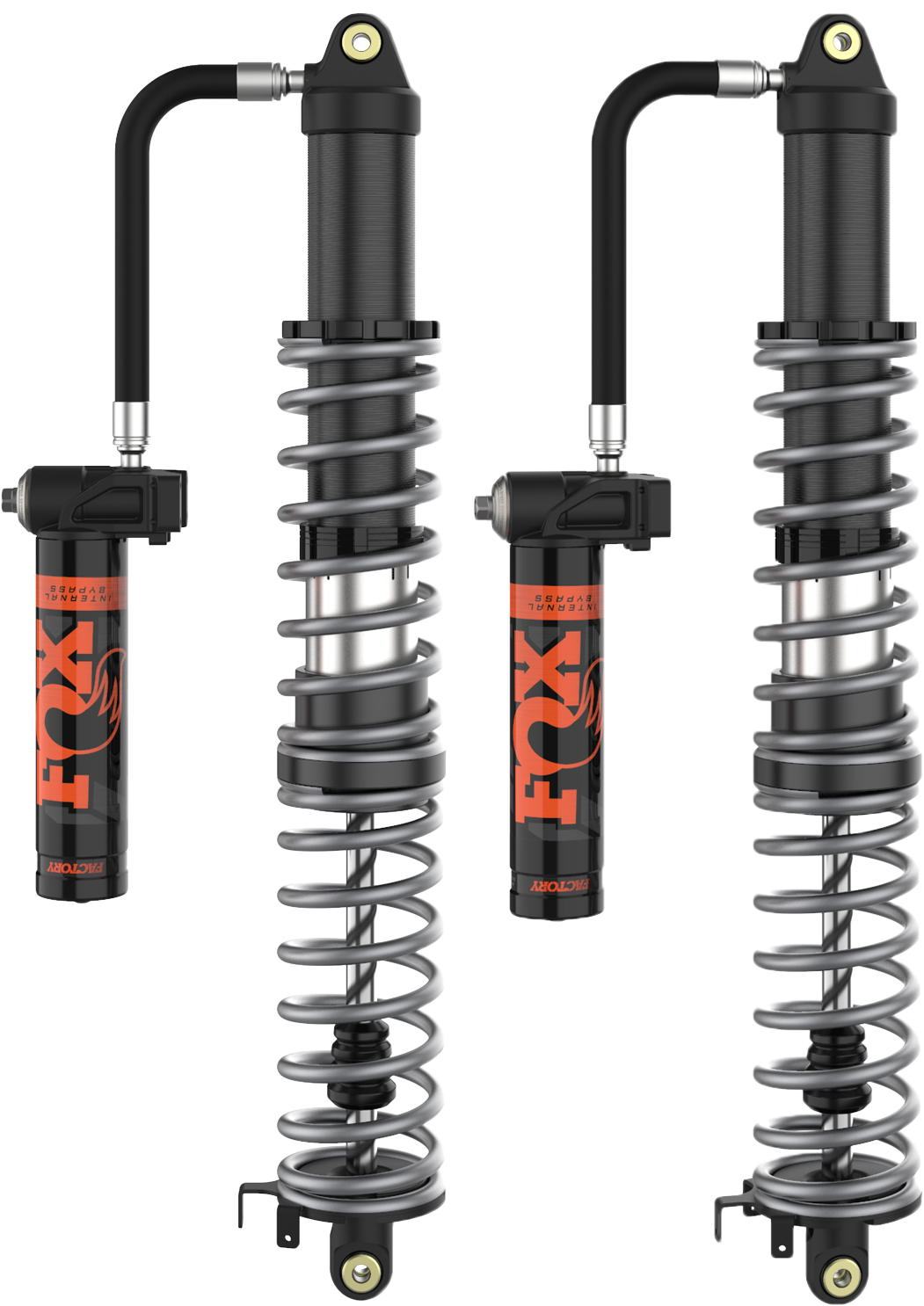 A pair of Polaris RZR XP (Rear) 3.0 Internal Bypass Shocks by Fox, with black coiled springs and external reservoirs featuring durable Kashima Coat, are shown upright on a white background—built for off-road suspension systems.