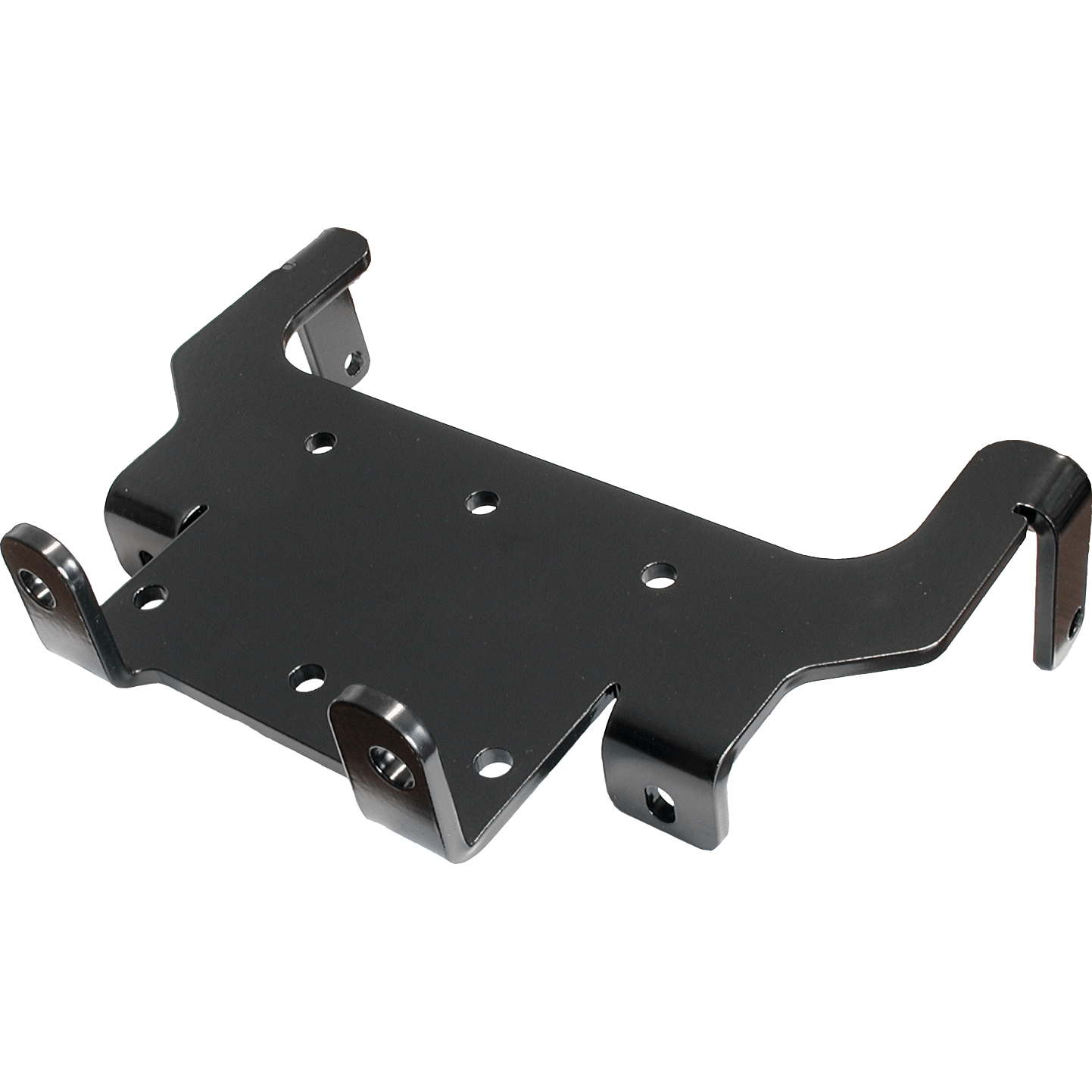 The Winch Mount by Open Trail is a black powder-coated steel bracket with multiple screw holes and angled edges, designed for mounting or securing equipment such as a UTV plow mount or other accessories.