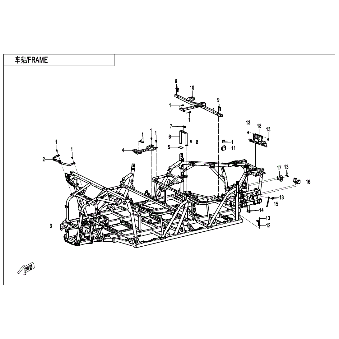 An Image of a Genuine CFMOTO Parts Schematic Diagram showing the schematic - FRAME - 2025 CFMOTO UFORCE 800 XL