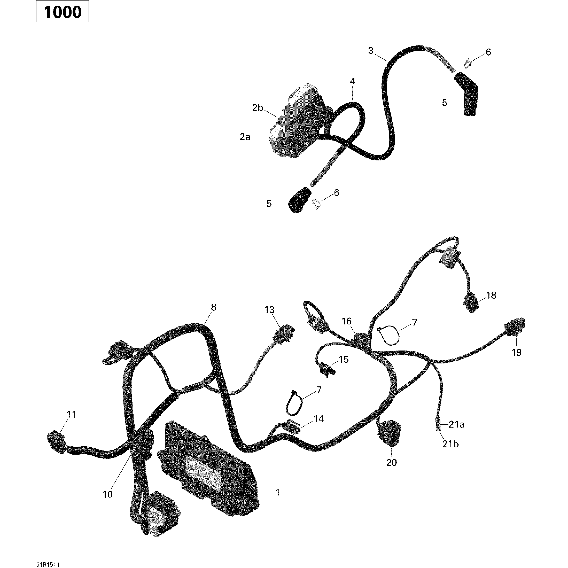 An Image of a Genuine Can-Am Parts Schematic Diagram showing the schematic - ENGINE HARNESS AND ELECTRONIC MODULE _51R1511