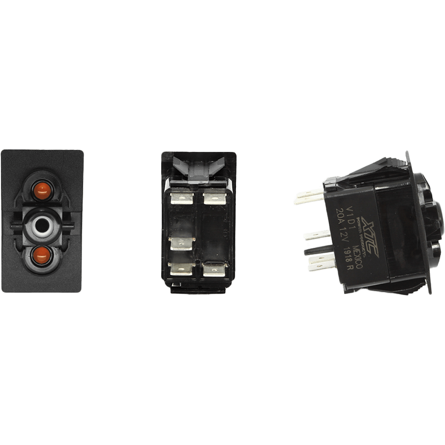 Three views of the Dash Switch Body Single Acc Amber/Amber by XTC Power: front with two amber circles, back with four metal connectors, and side showing model details and angled terminals. Ideal for UTV wiring solutions.