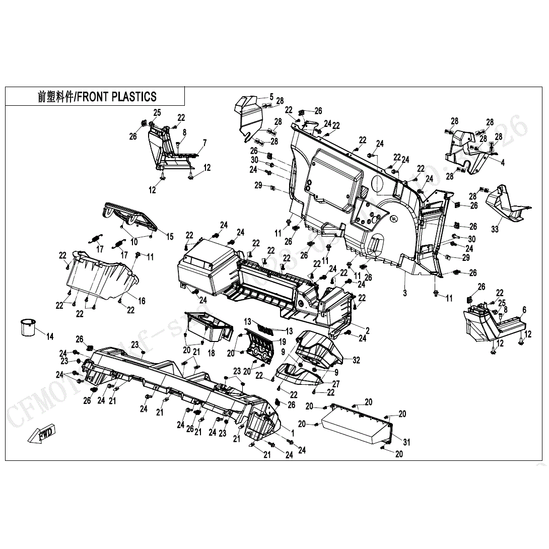 Exploded diagram of the CF Moto Cover Dashboard Sandstone, showing individually numbered parts and assembly positions with connecting hardware, labeled FRONT PLASTICS top left. Available at Witchdoctors.com.
