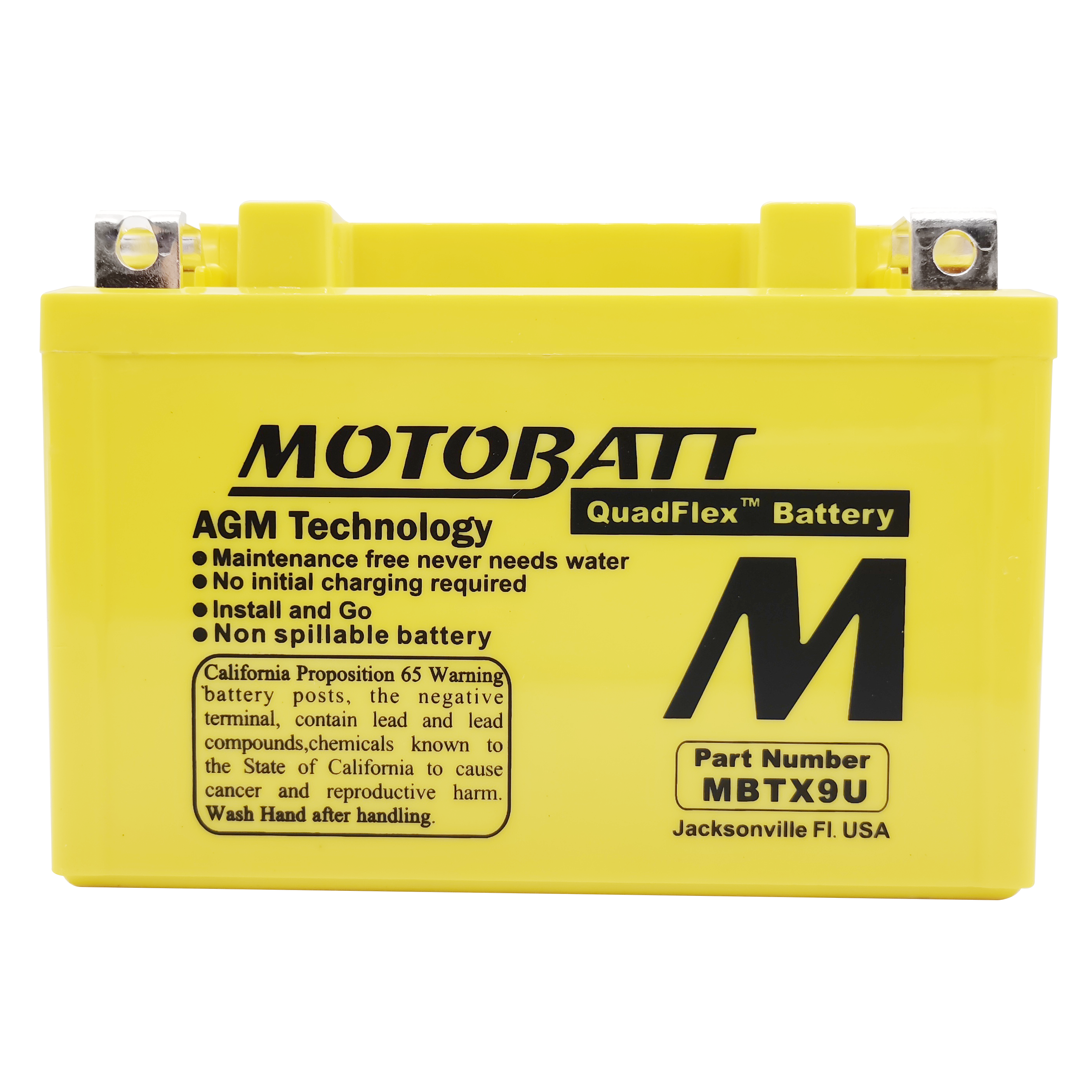 The MotoBatt MBTX9U Sealed Factory Activated AGM Battery features maintenance-free operation and safety warnings, including a California Proposition 65 label, ensuring reliable performance and compliance.
