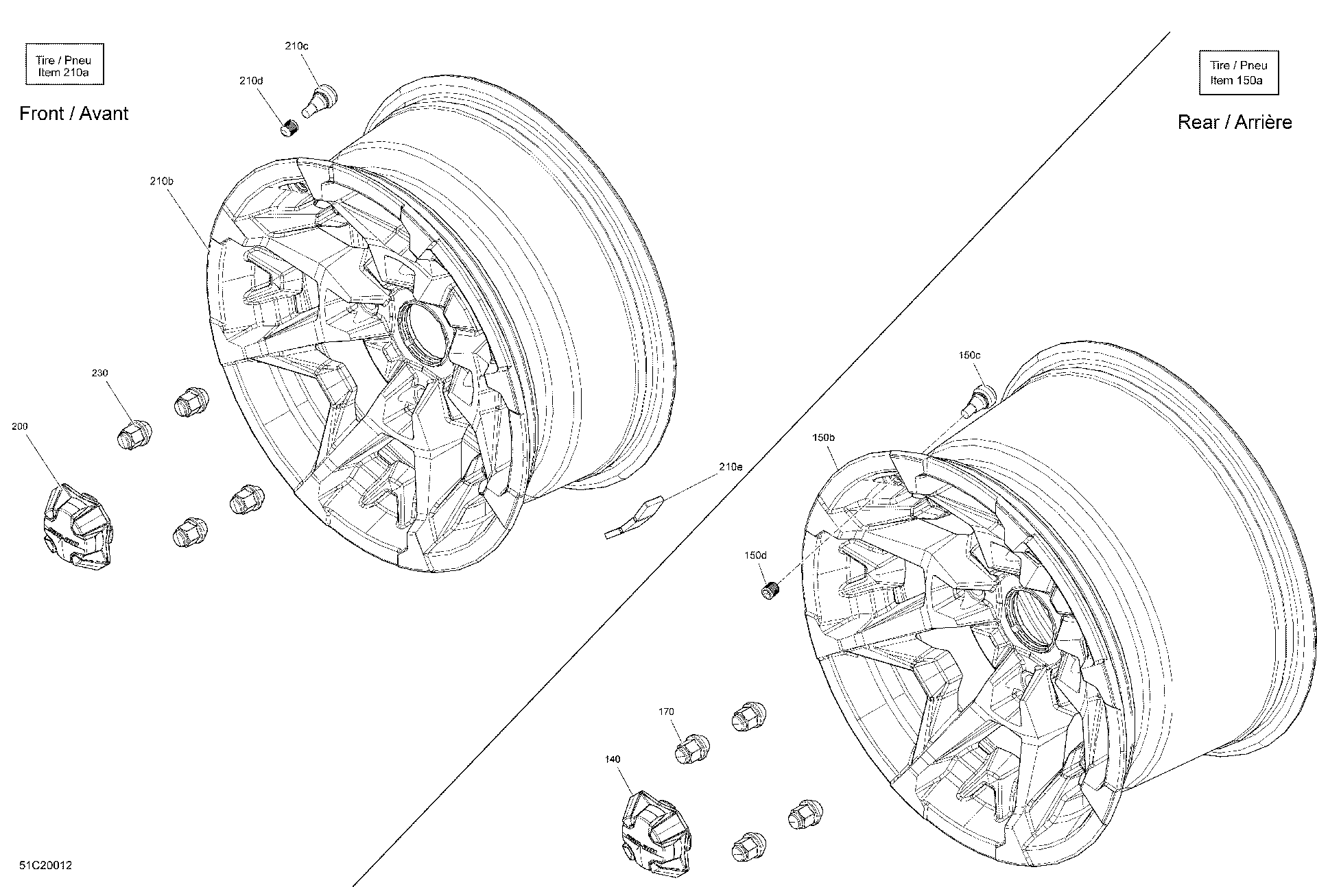 An Image of a Genuine Can-Am Parts Schematic Diagram showing the schematic - WHEELS - DPS - LTD - XT