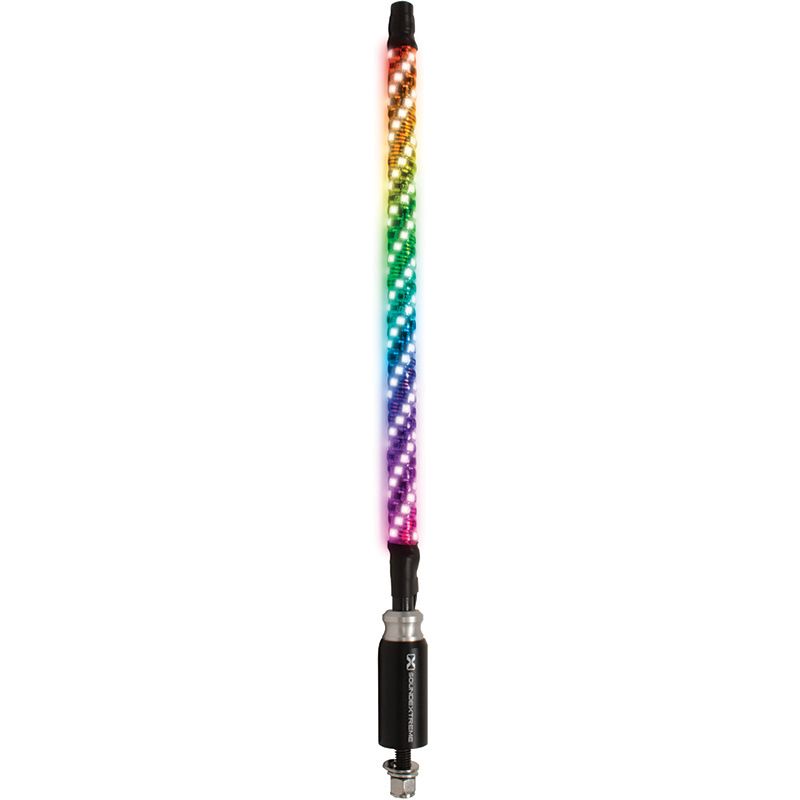 The 2 LED Whip by EcoXGear is a cylindrical baton with multicolored LEDs in a spiral pattern, featuring color-changing effects that smoothly transition through the colors of the rainbow from top to bottom.